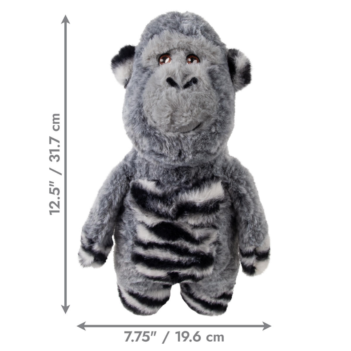 KONG Jungle Jamz Gorilla dog toy size chart, 12.5 inches tall by 7.75 inches wide