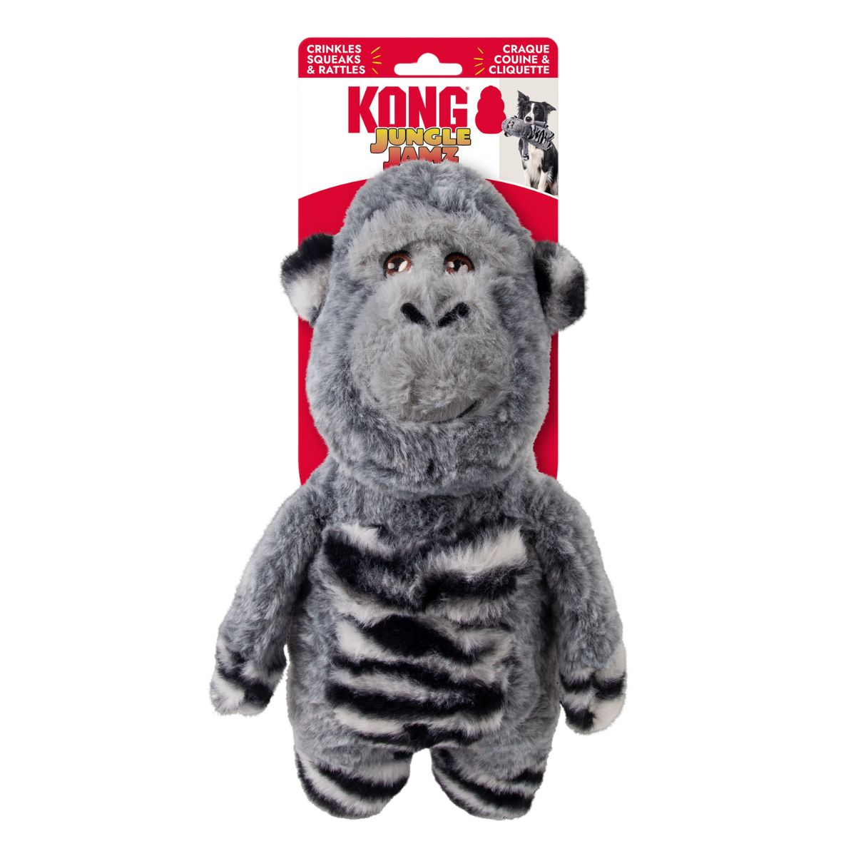KONG Jungle Jamz Gorilla dog toy in retail packaging with crinkles, squeaks and rattles