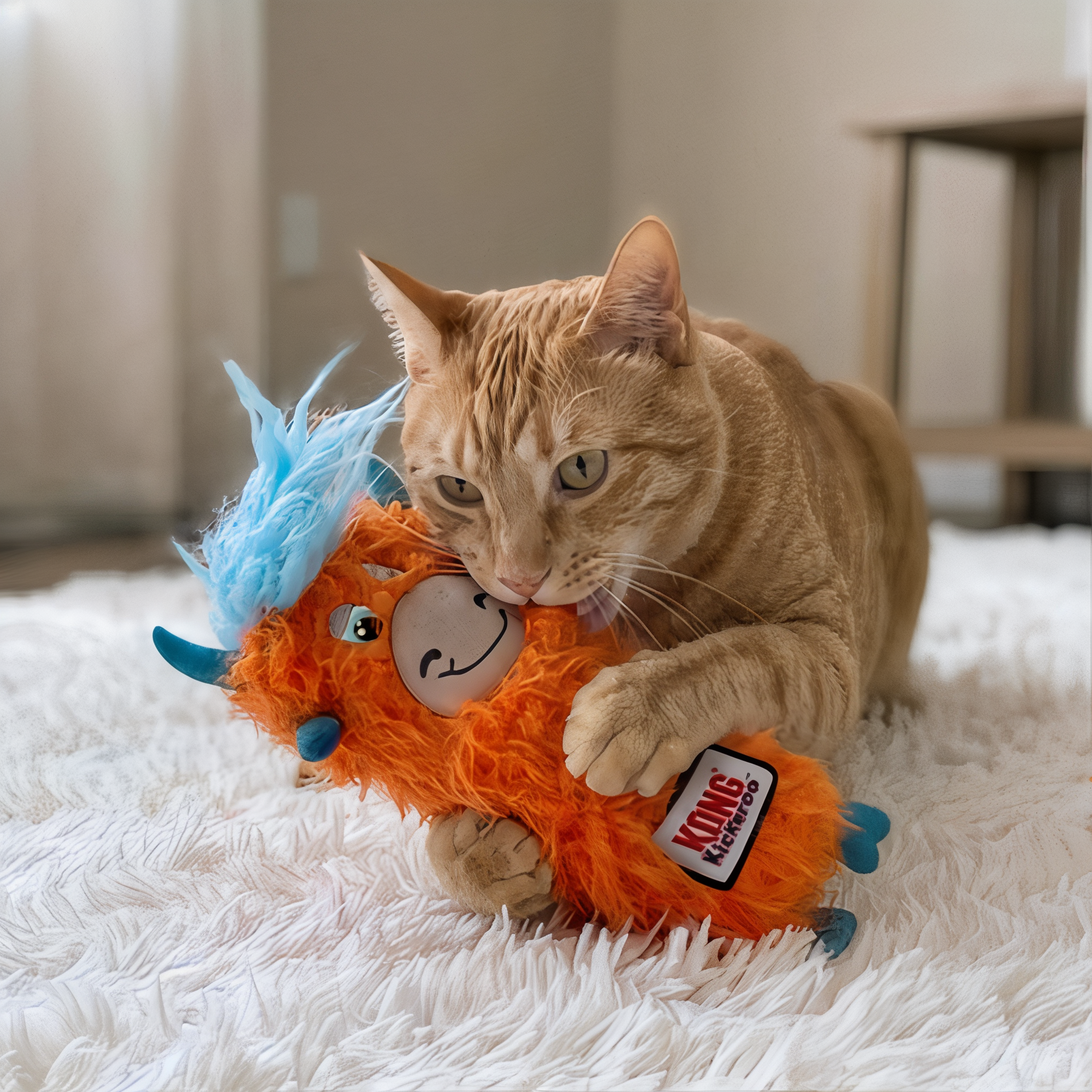 Cat wrestling and biting the orange KONG Kickeroo Highland Cow cat toy on a rug