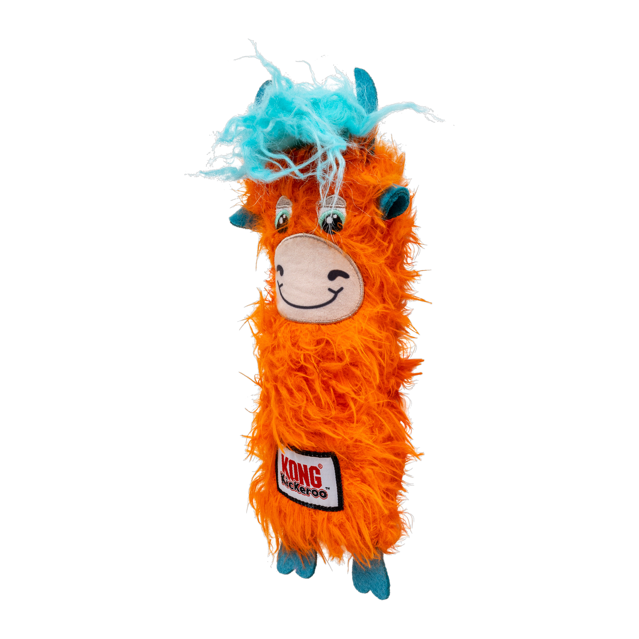 KONG Kickeroo Highland Cow cat toy, orange, angled view
