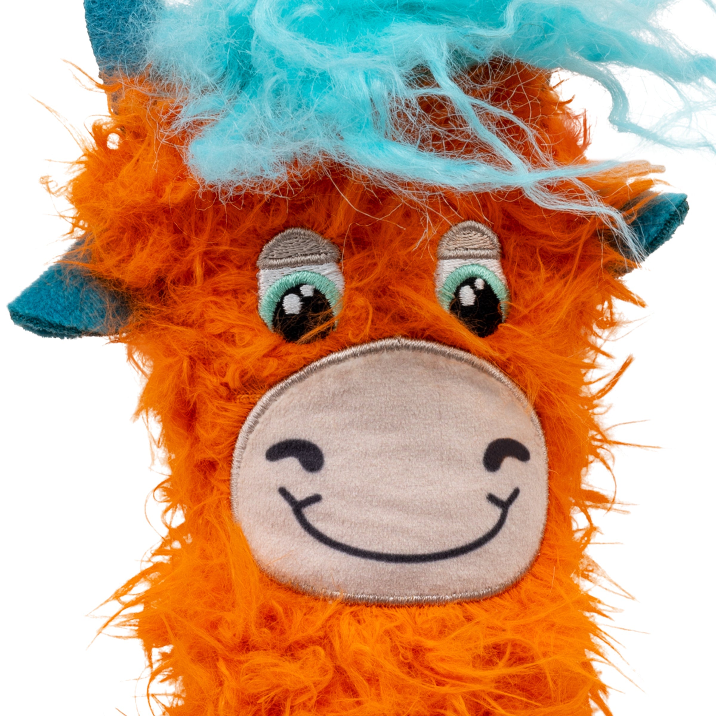 KONG Kickeroo Highland Cow cat toy, orange, face detail with embroidered eyes