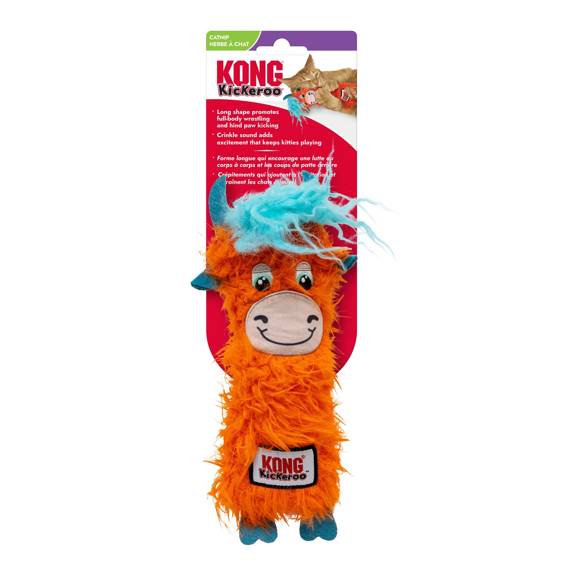 KONG Kickeroo Highland Cow cat toy, orange, on retail packaging card