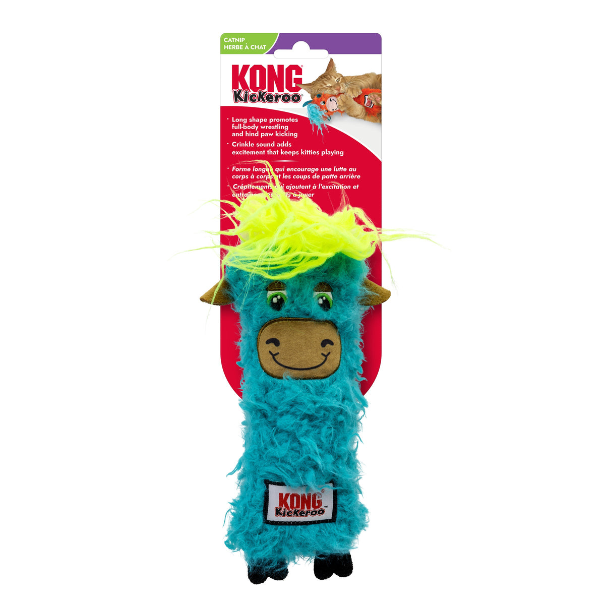 KONG Kickeroo Highland Cow cat toy, teal, on retail packaging card