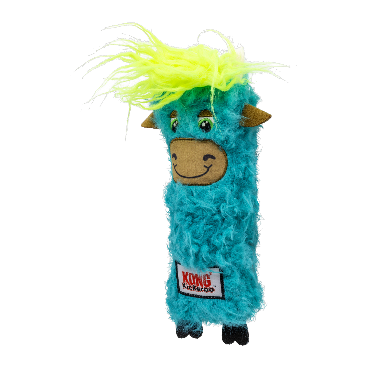 KONG Kickeroo Highland Cow cat toy, teal, angled view