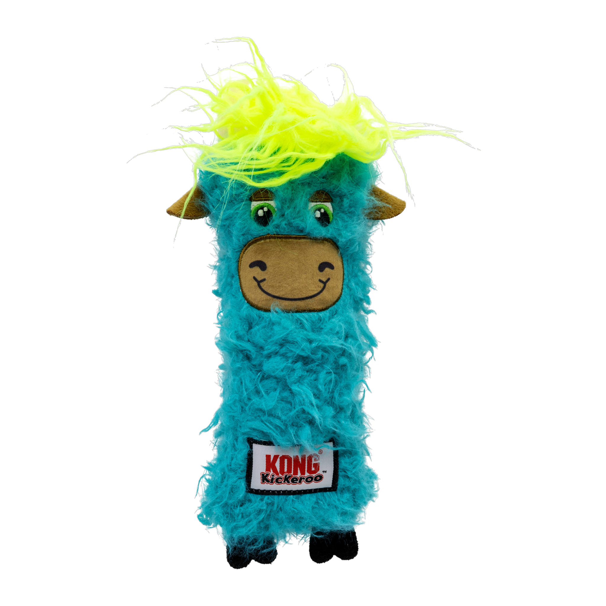 KONG Kickeroo Highland Cow cat toy, teal, front view