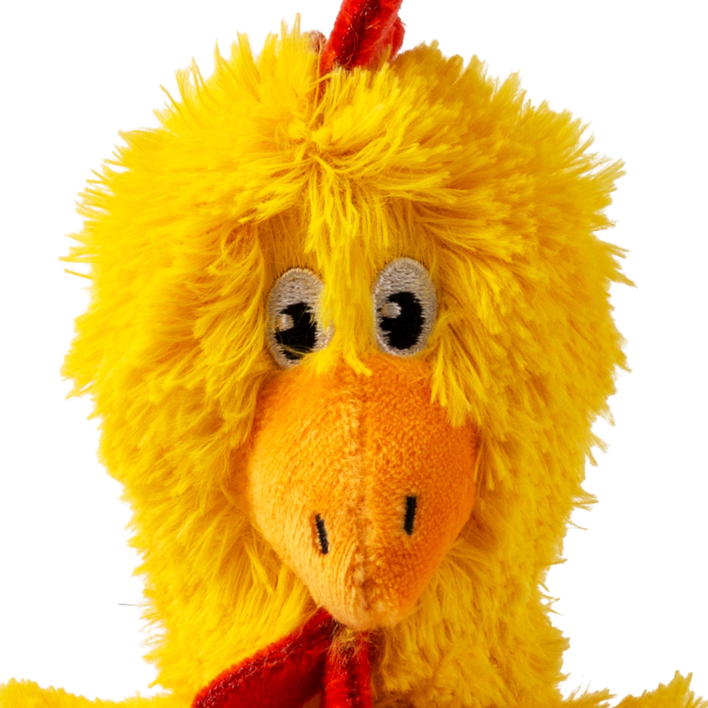 Close-up of the KONG Knots Chicken plush dog toy face