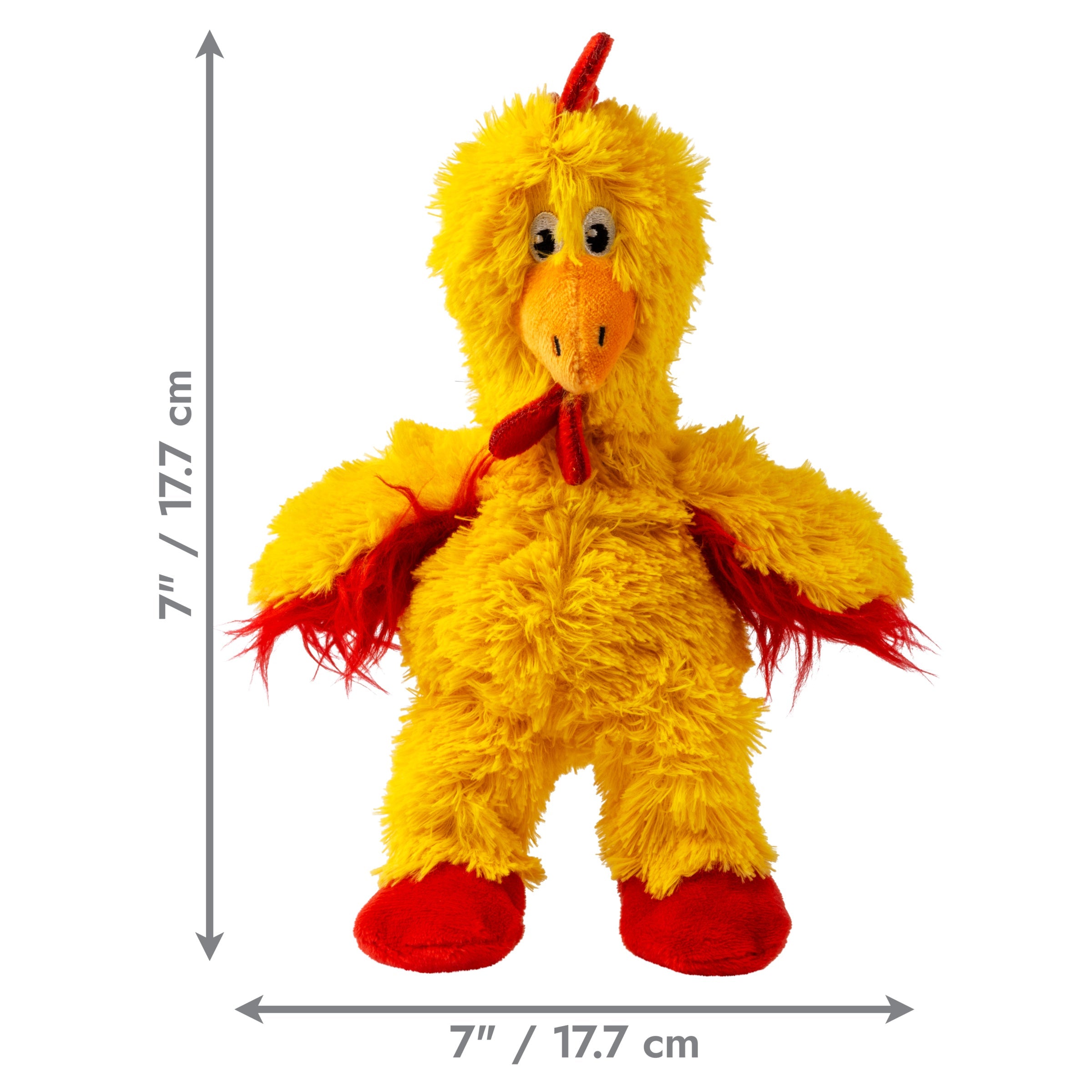 KONG Knots Chicken Small dog toy dimensions, 7 by 7 by 3.5 inches