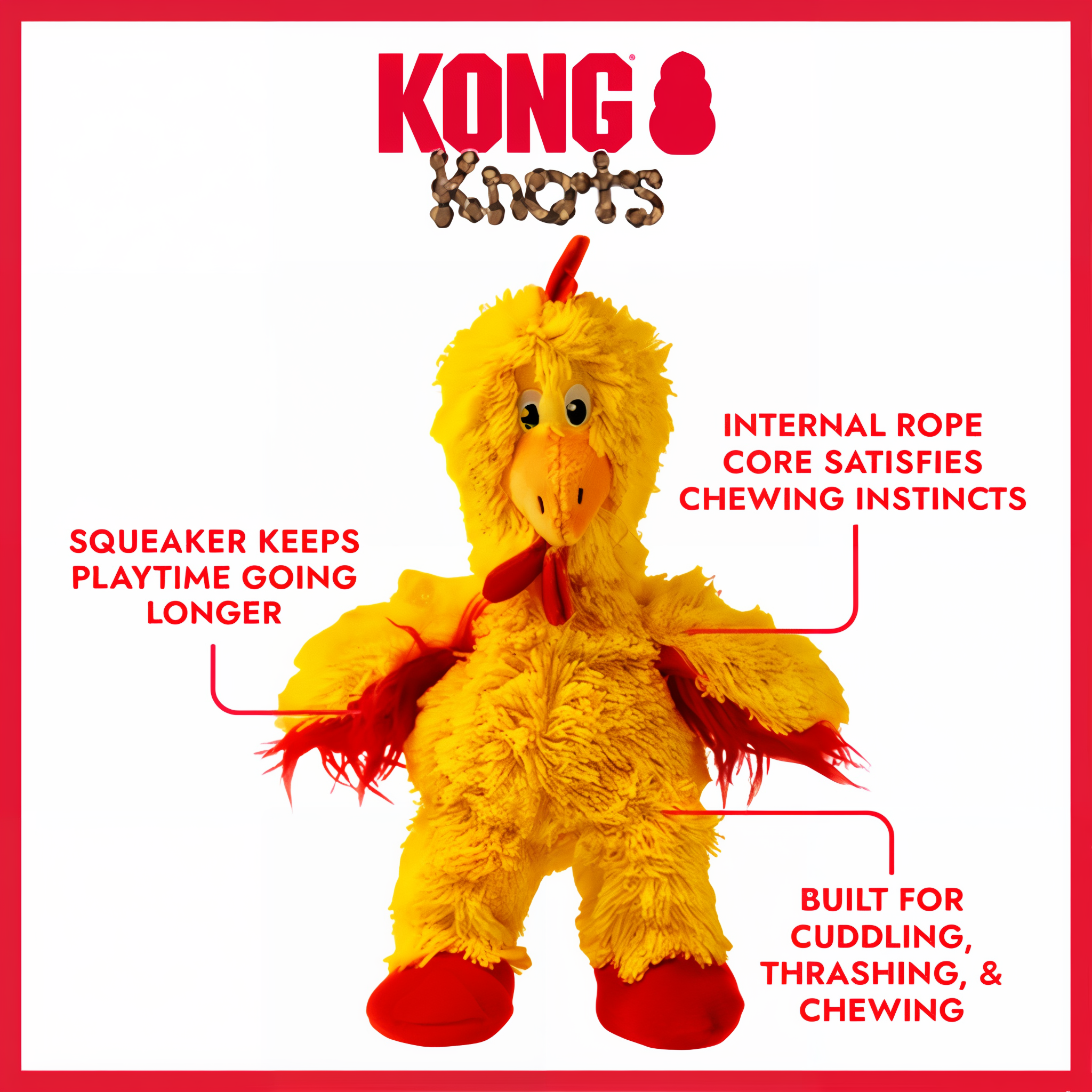 KONG Knots Chicken features: internal rope core, squeaker, built for cuddling and thrashing