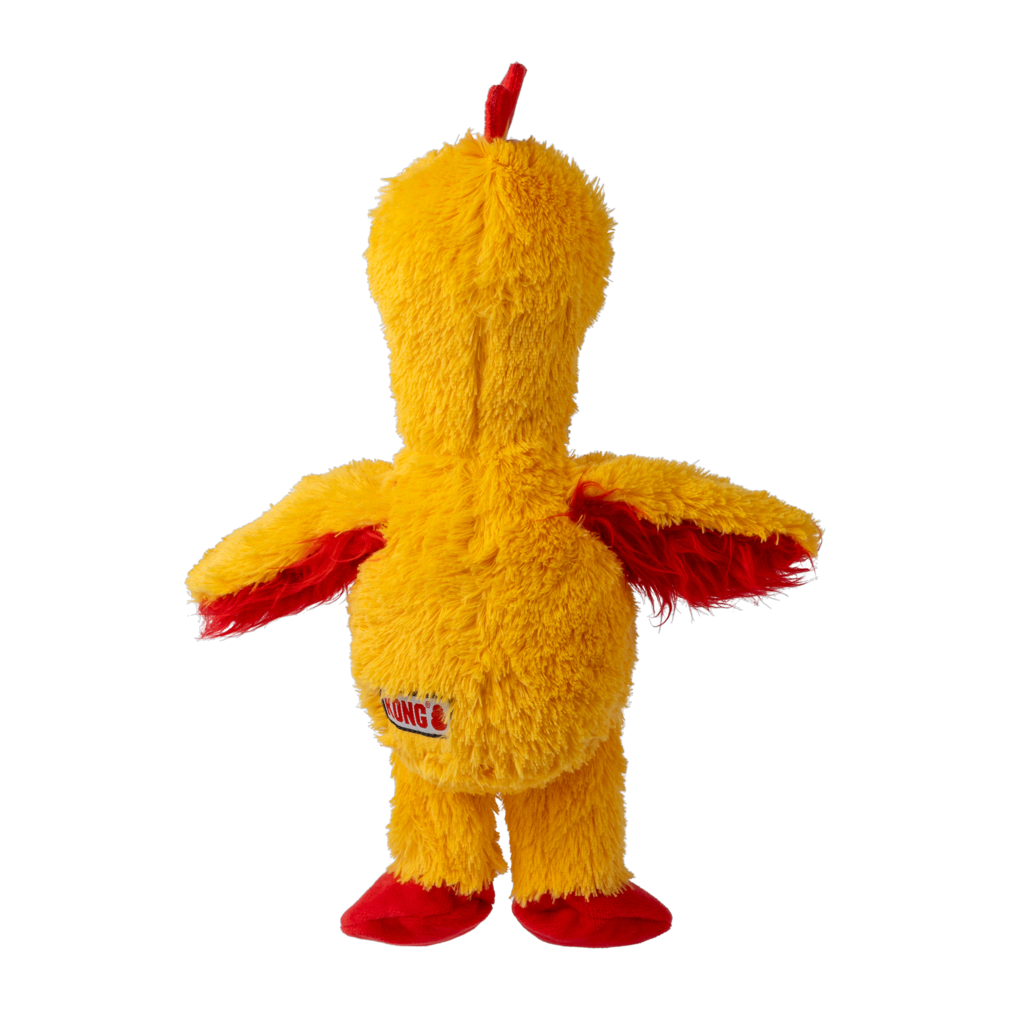 Back view of the KONG Knots Chicken X-Large plush dog toy with KONG logo tag