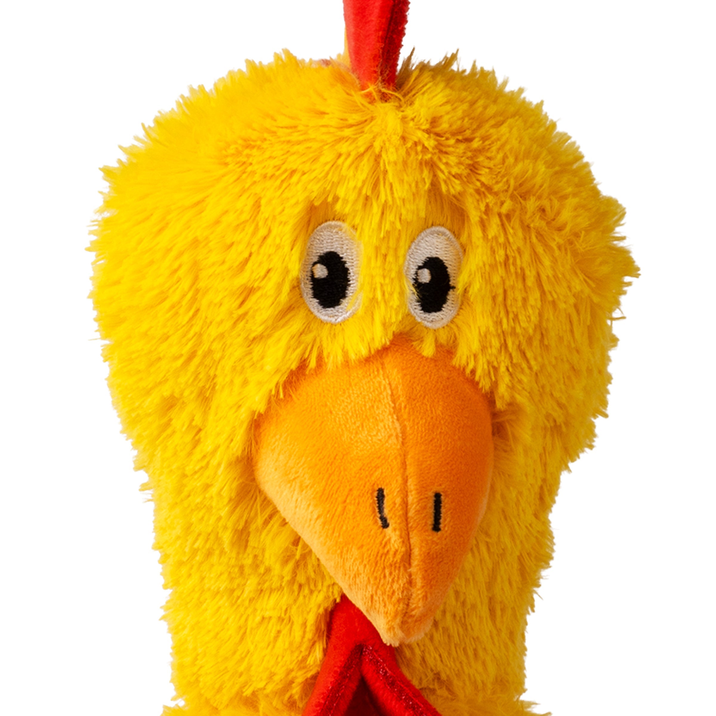 Close-up of the X-Large KONG Knots Chicken plush dog toy face