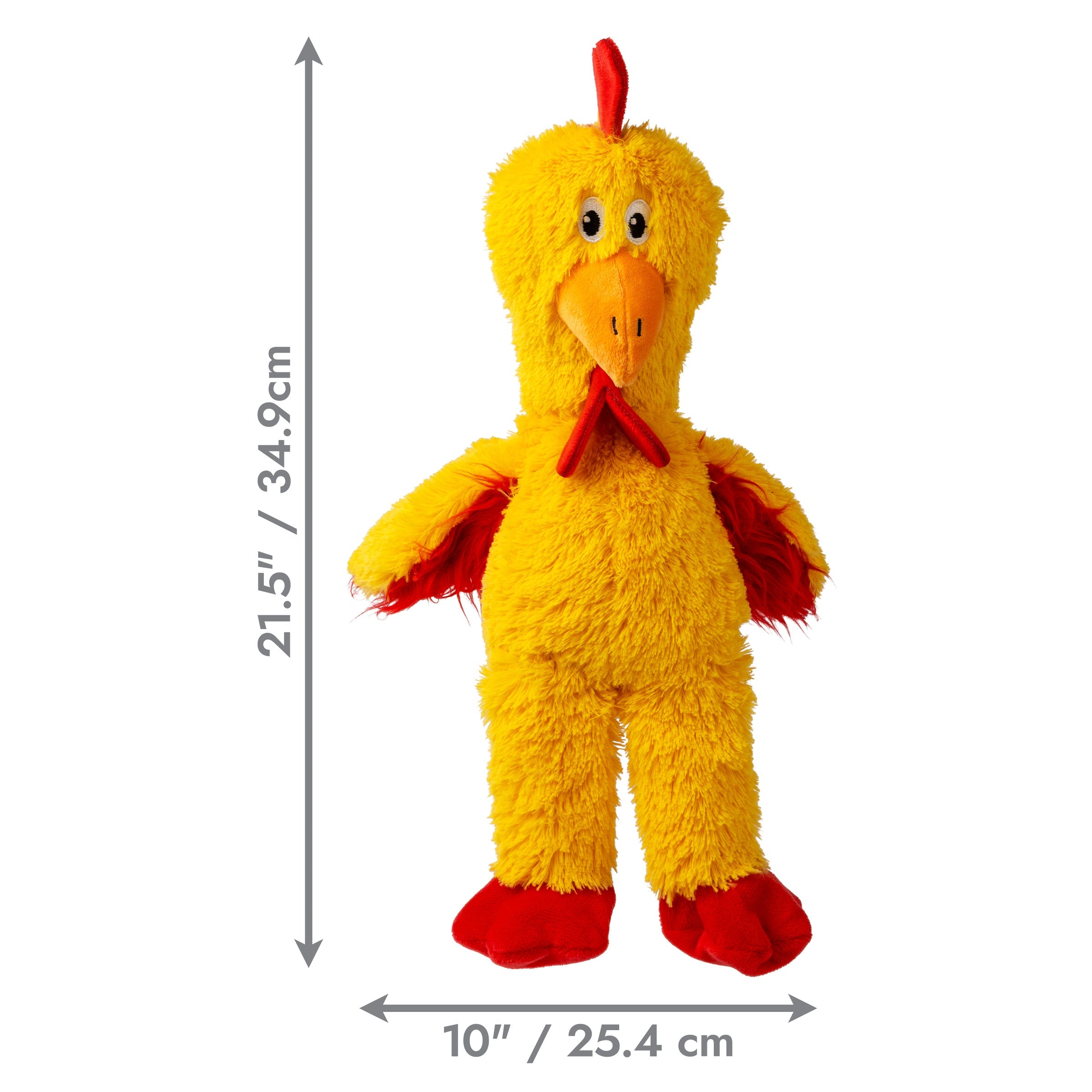 KONG Knots Chicken X-Large dog toy dimensions, 21.5 inches tall by 10 inches wide
