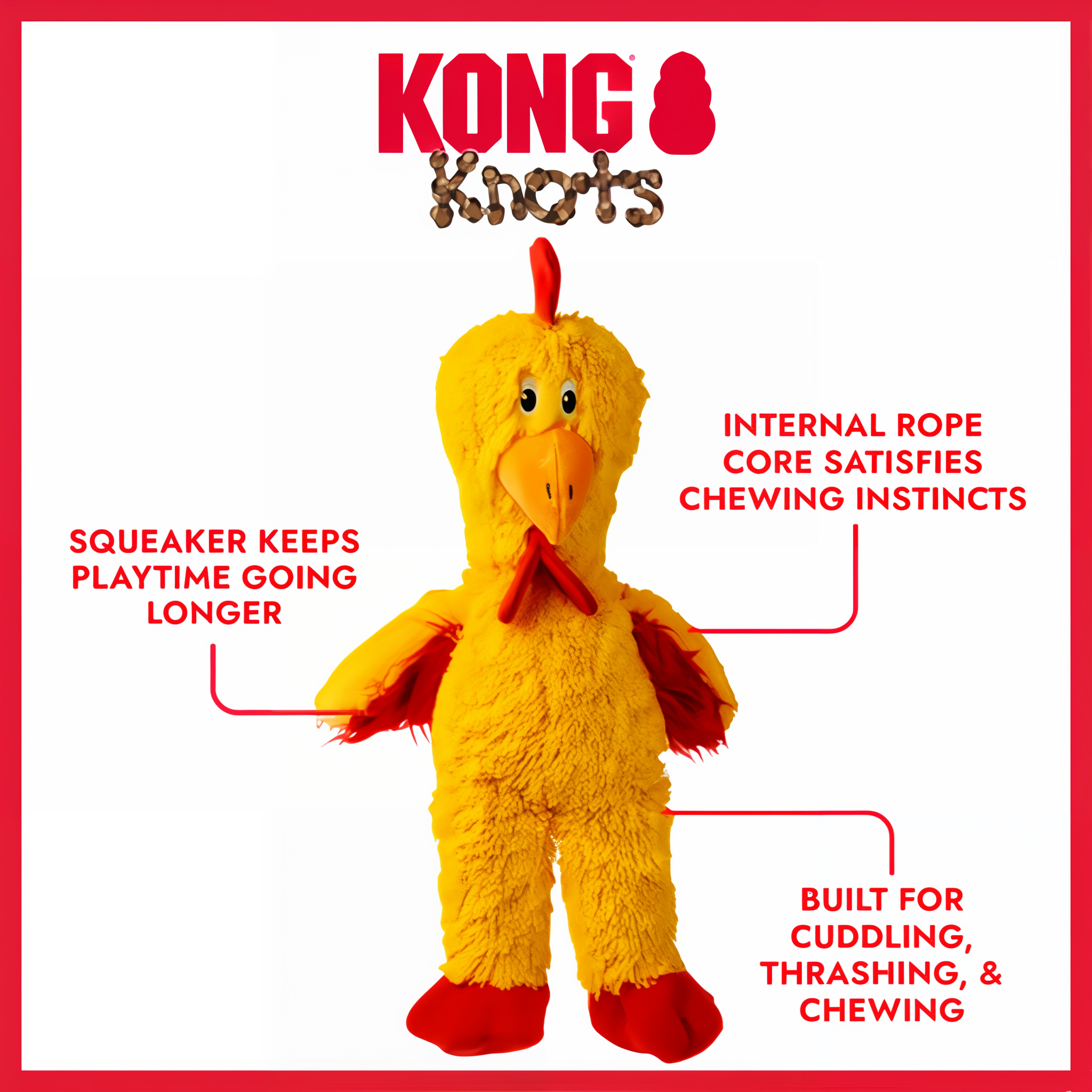 KONG Knots Chicken X-Large features: internal rope core, squeaker, minimal stuffing