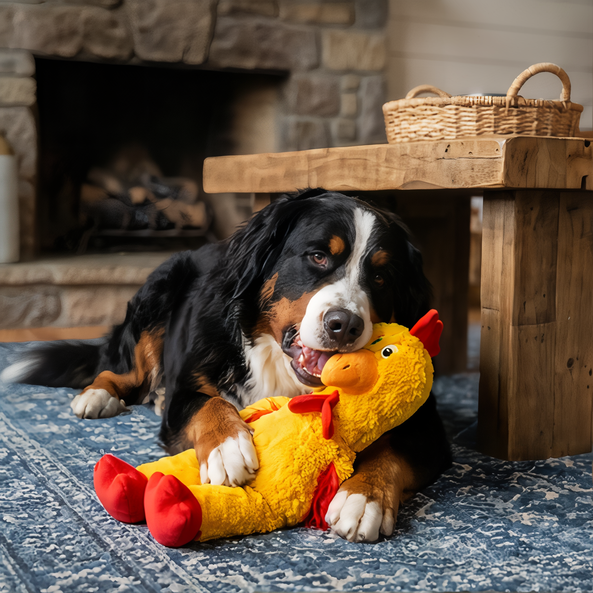 Bernese Mountain Dog cuddling the X-Large KONG Knots Chicken plush dog toy
