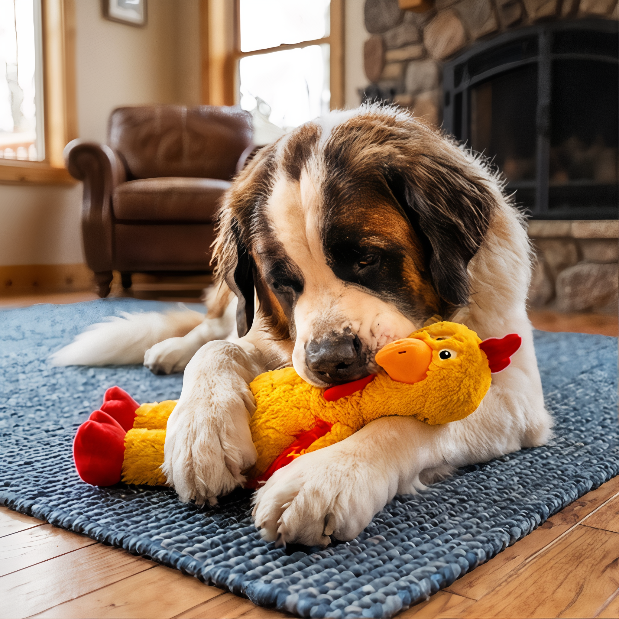 Saint Bernard chewing the X-Large KONG Knots Chicken plush dog toy on a rug