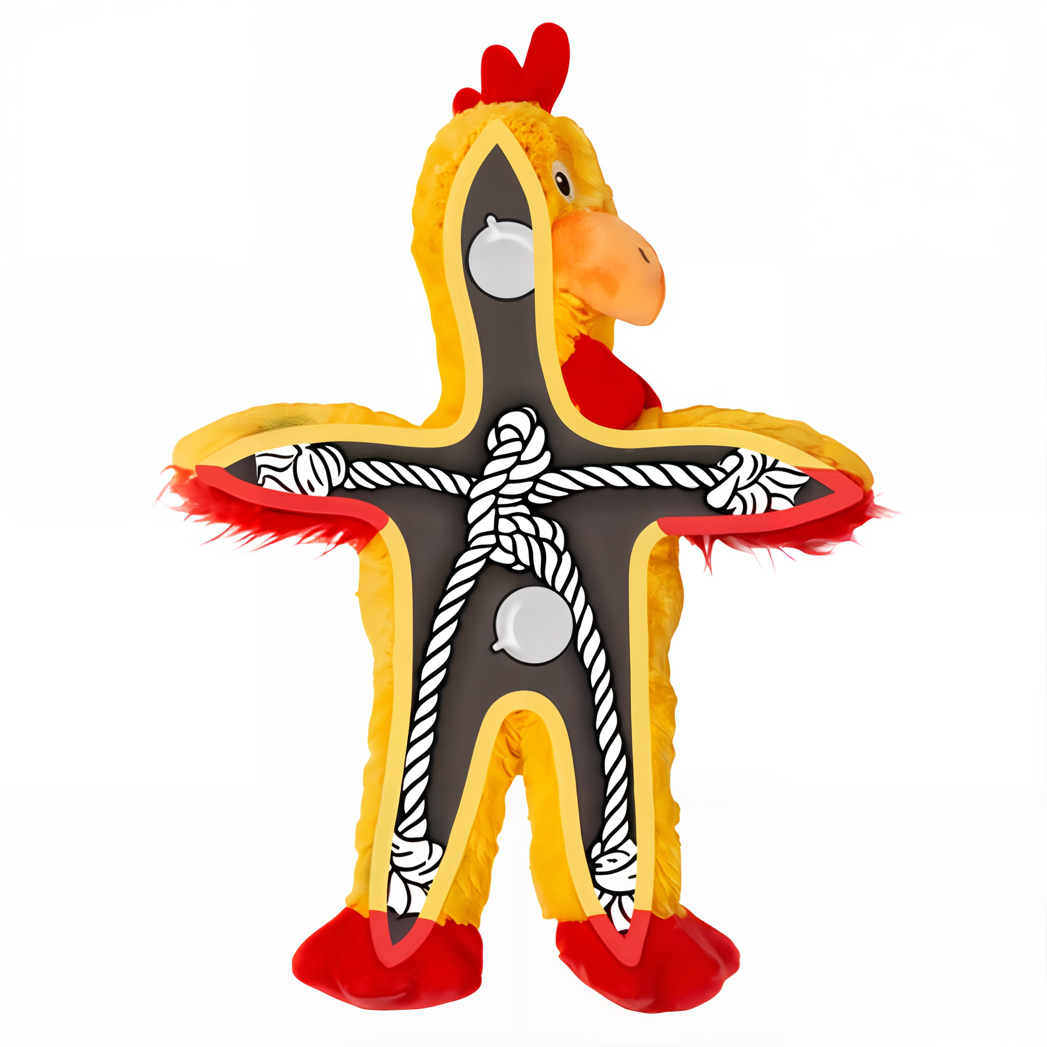 Cutaway showing the internal knotted rope skeleton and squeakers of the X-Large KONG Knots Chicken