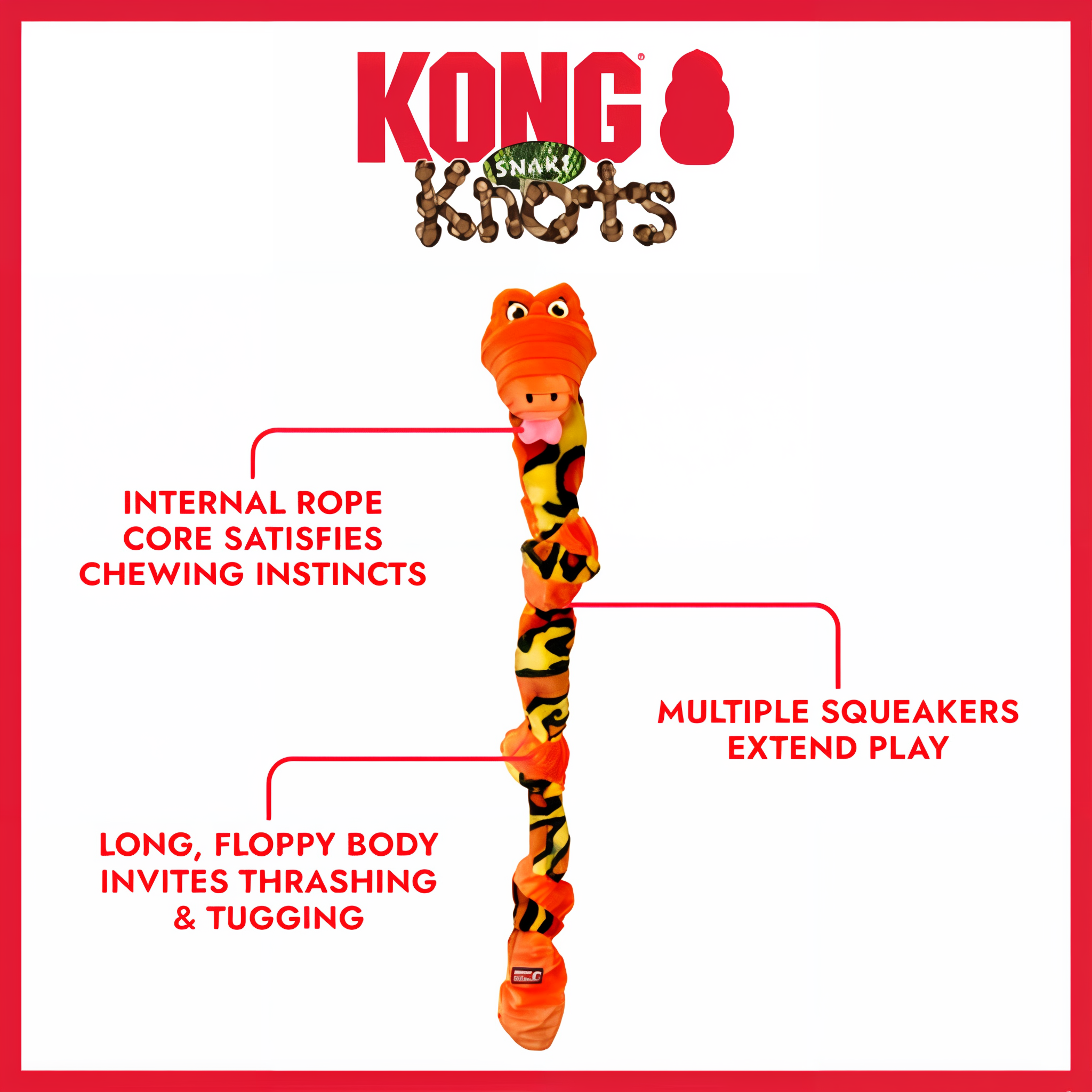 KONG Knots Snake features: internal rope core, multiple squeakers, long floppy body