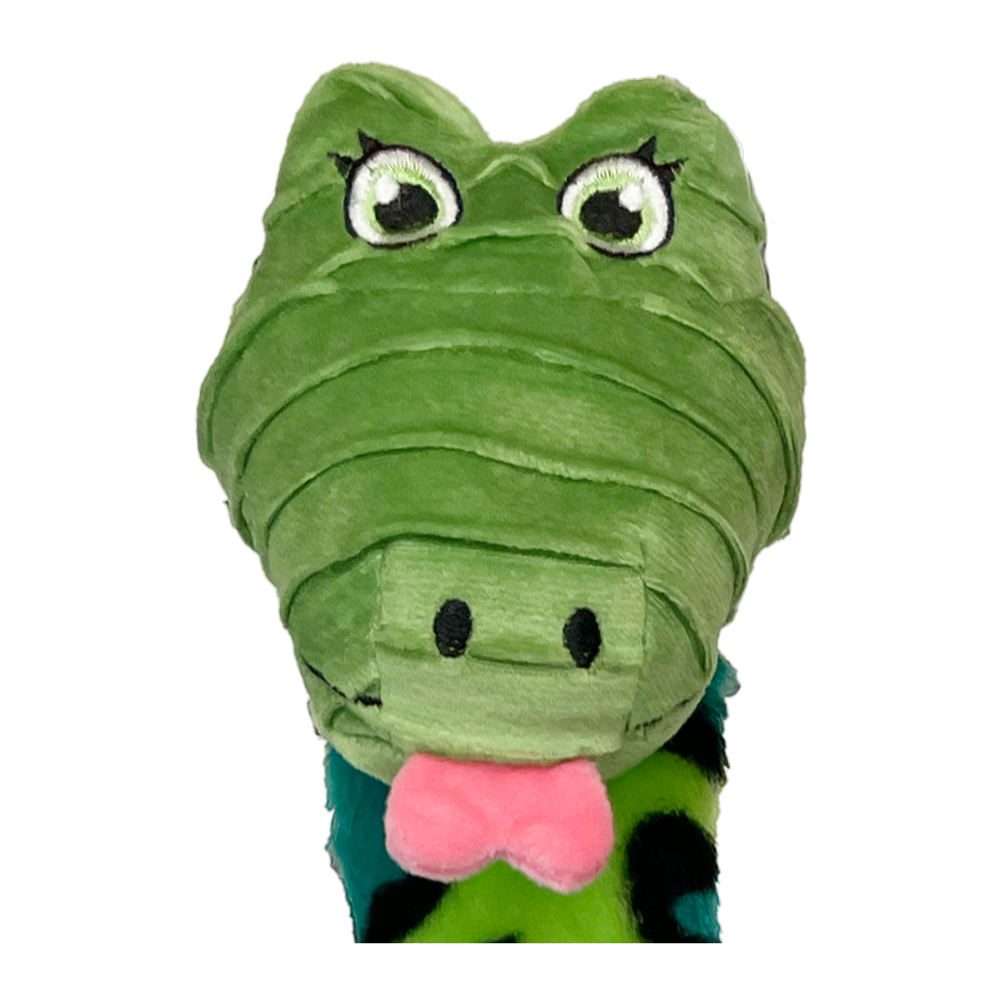Close-up of the green KONG Knots Snake plush head and friendly face