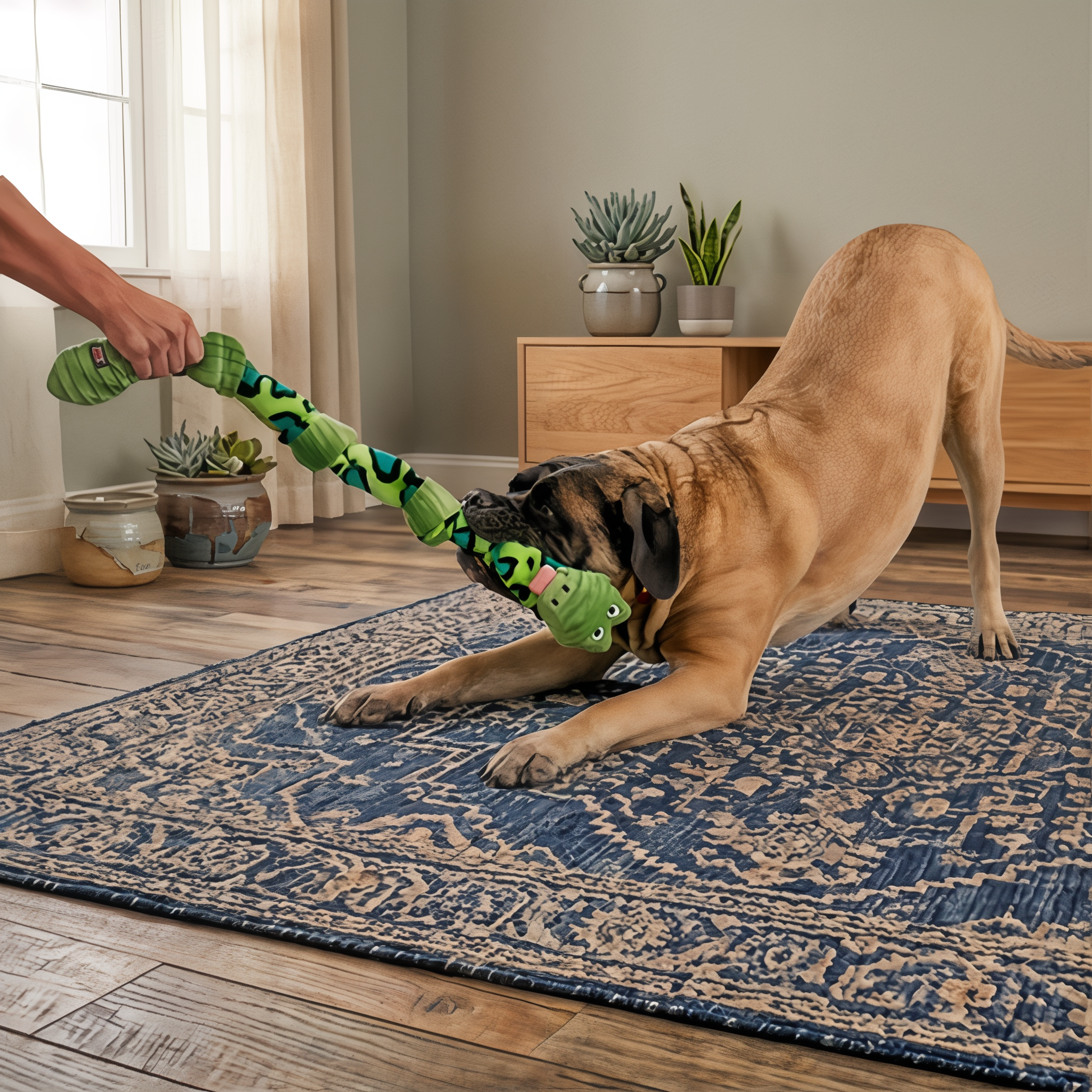 Large dog playing tug-of-war with the green KONG Knots Snake dog toy