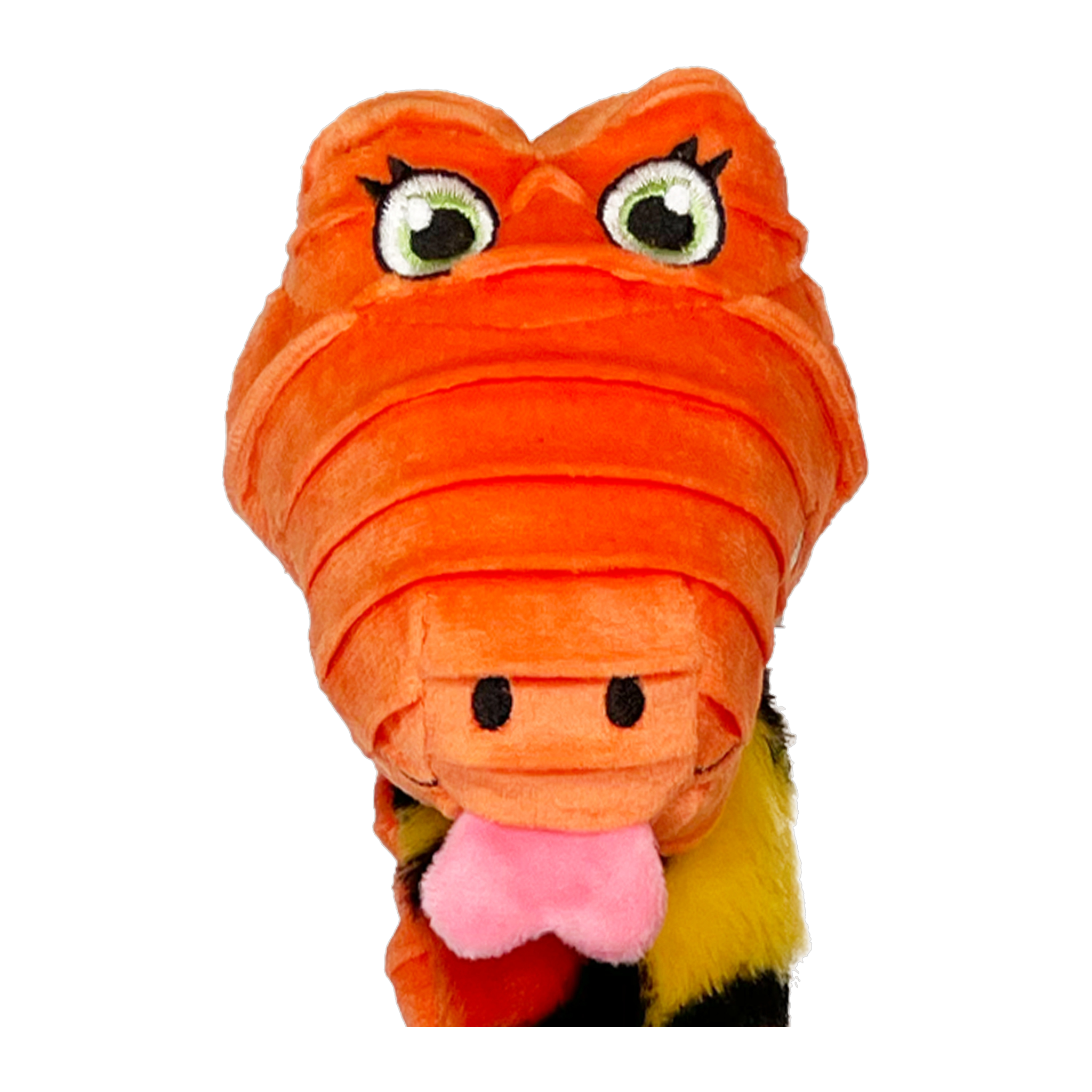 Close-up of the orange KONG Knots Snake plush head and friendly face