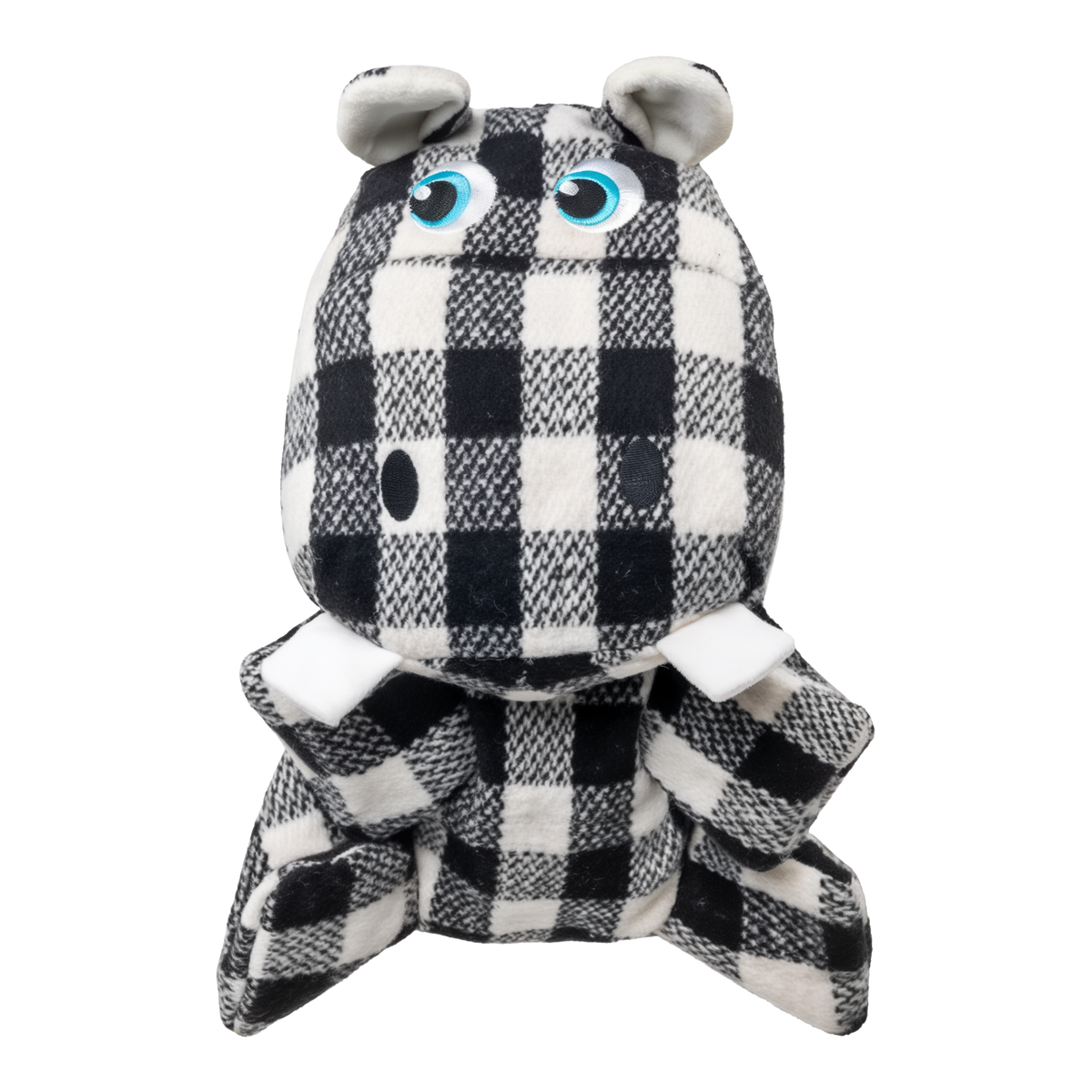 KONG Low Stuff Flanimalz Hippo plush dog toy, black and white check, sitting front view