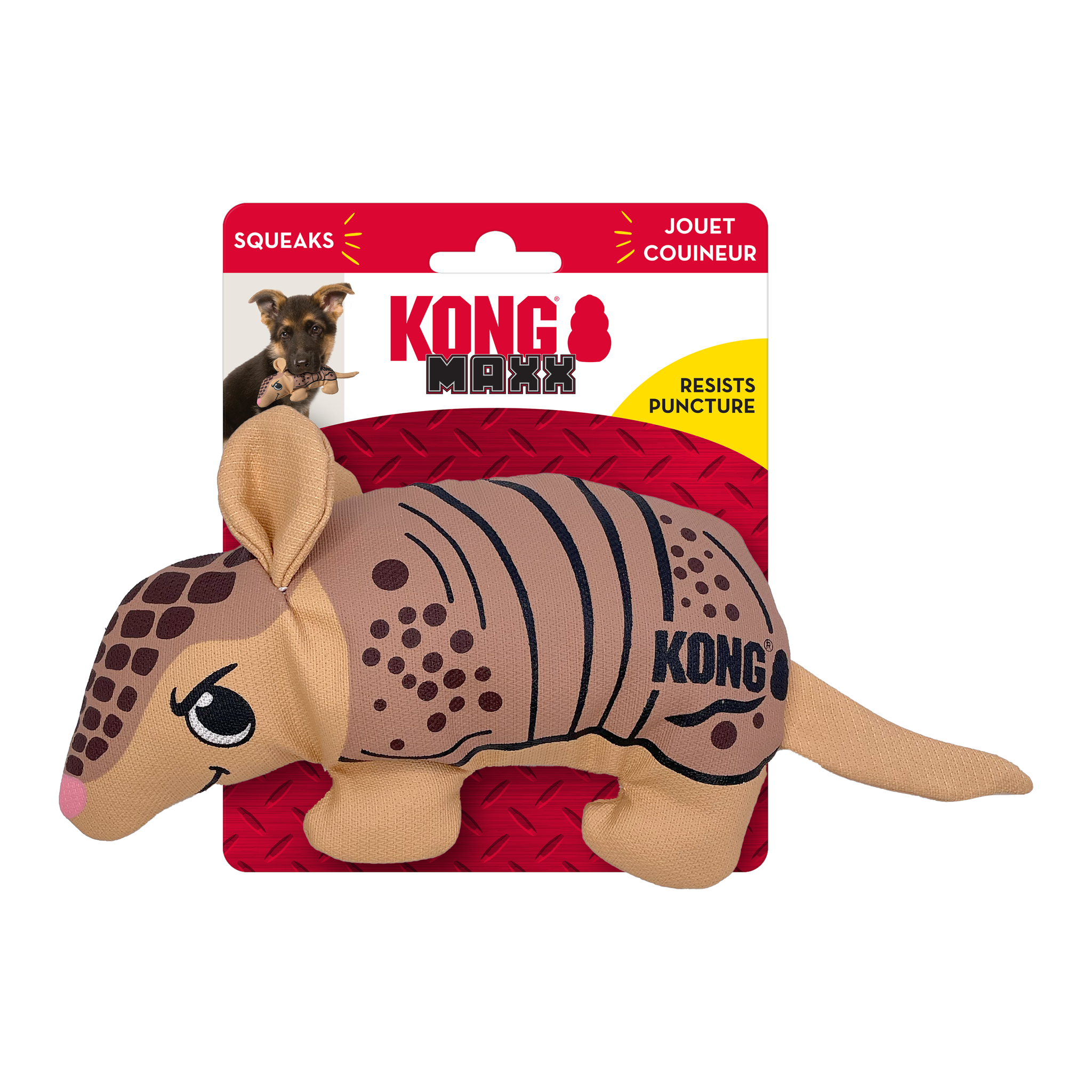 KONG Maxx Armadillo Dog Toy in retail package with puppy
