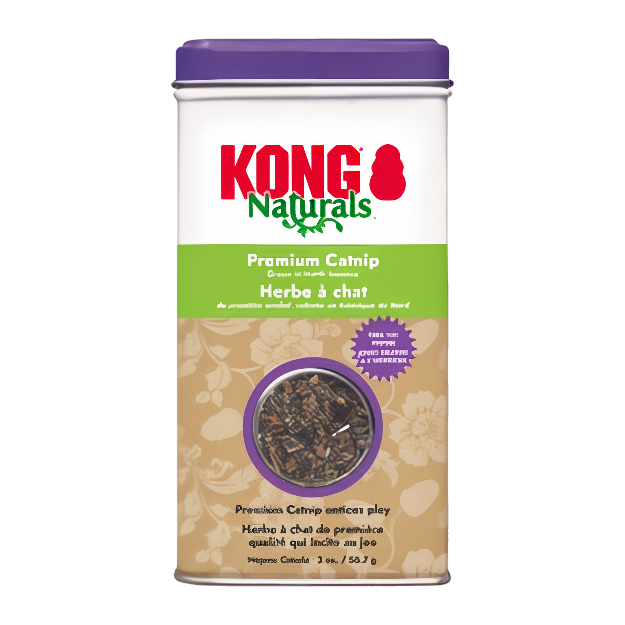KONG Naturals Premium Catnip tin with bilingual label, front view