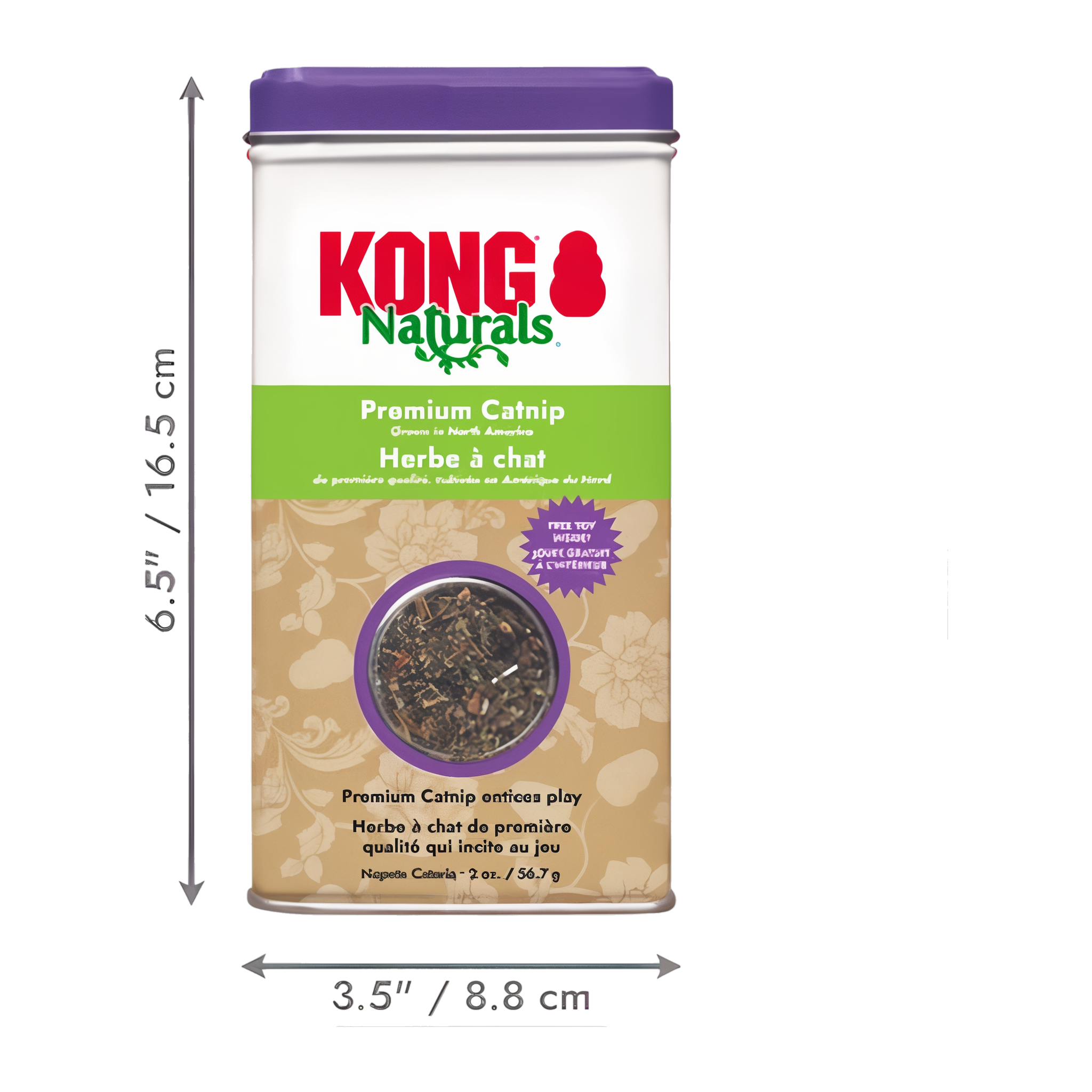 KONG Naturals Premium Catnip tin measuring 6.5 inches tall by 3.5 inches wide