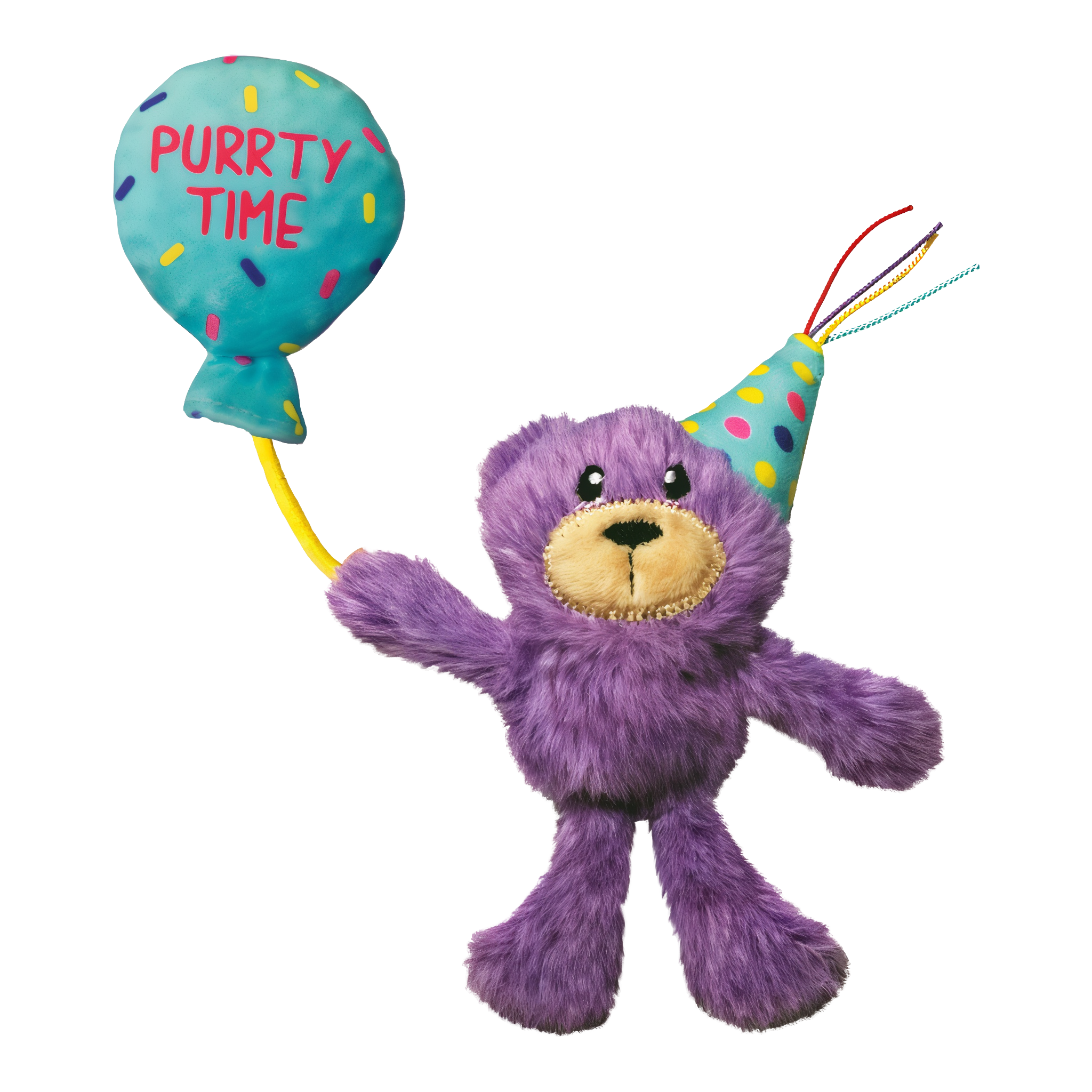 KONG Occasions Birthday Teddy plush cat toy with party hat and balloon