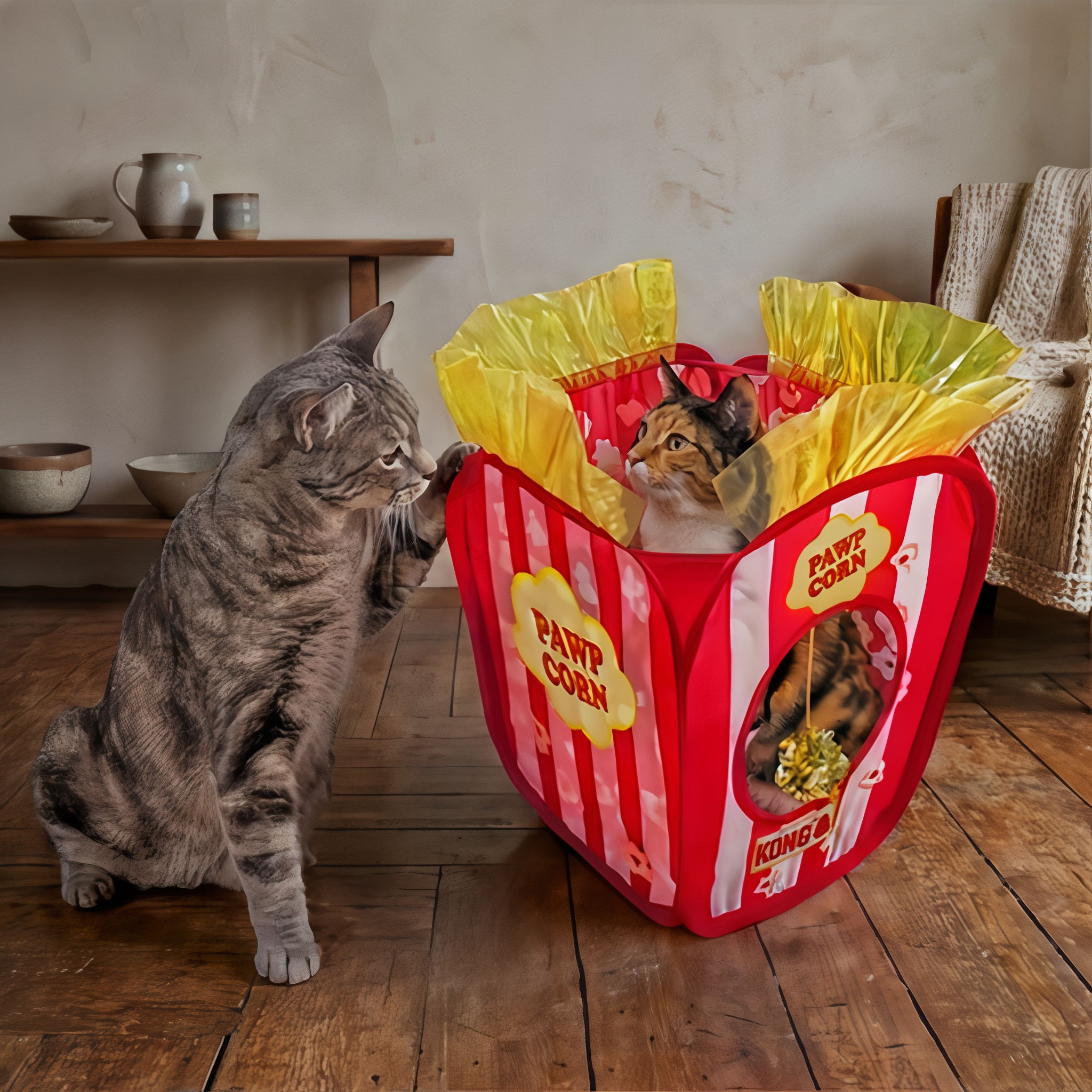 Cat playing with KONG Play Spaces Pawpcorn hideaway in a living room
