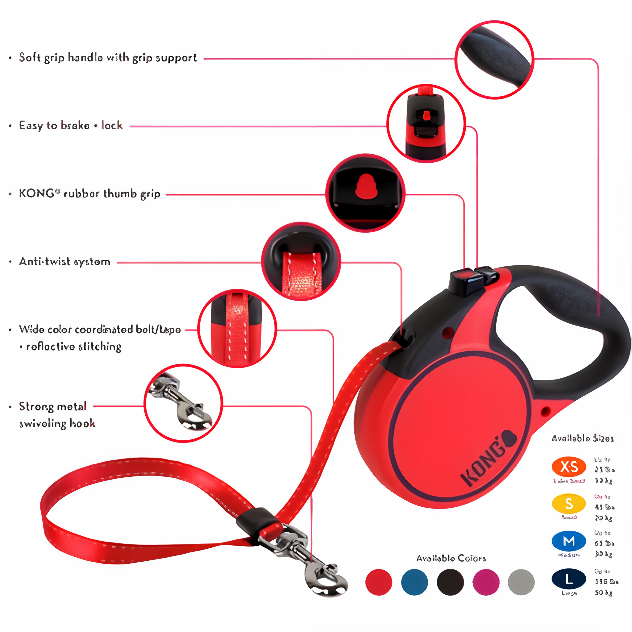 KONG Terrain retractable leash features diagram with available sizes and colors