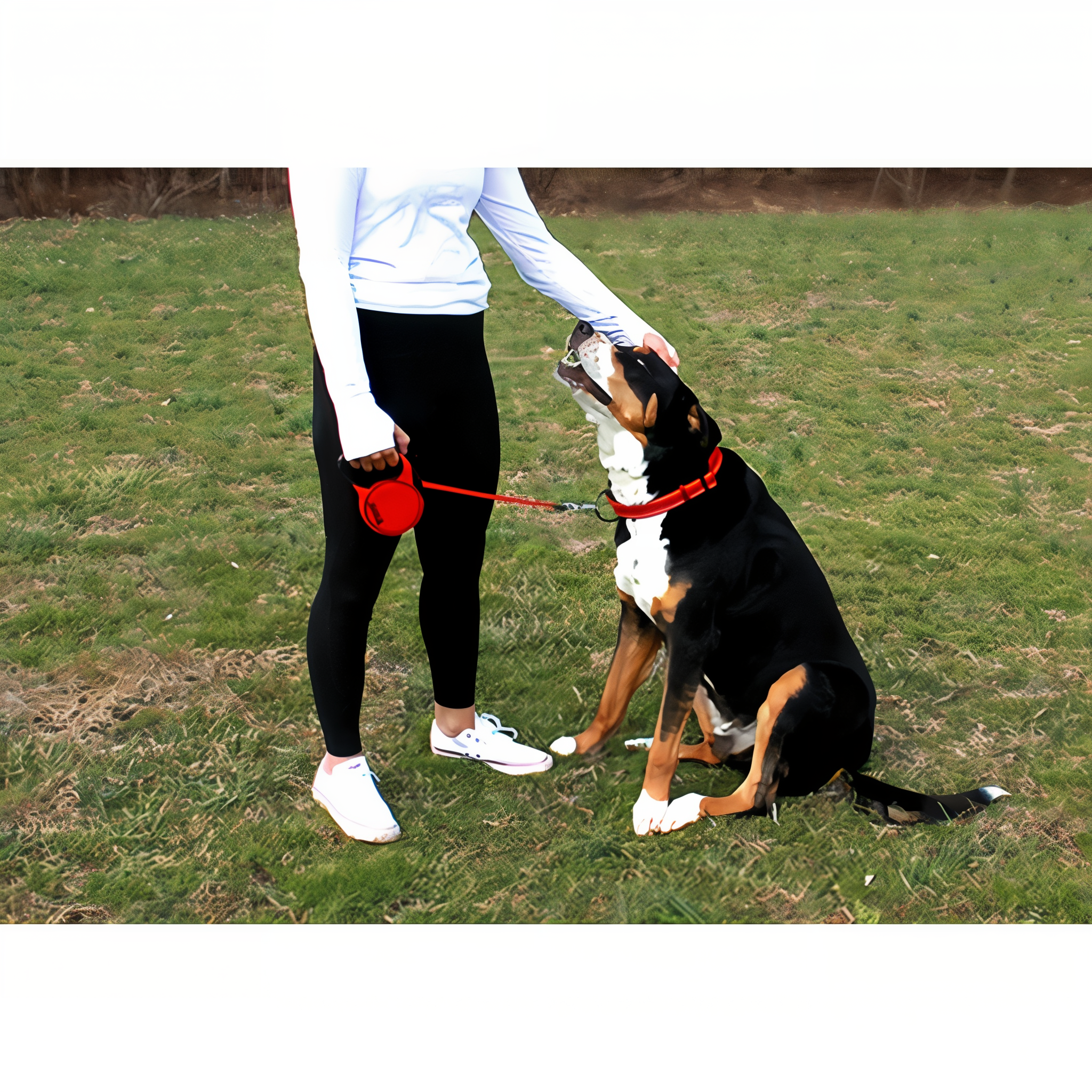Dog sitting beside owner holding the red KONG Terrain retractable leash in a grassy park
