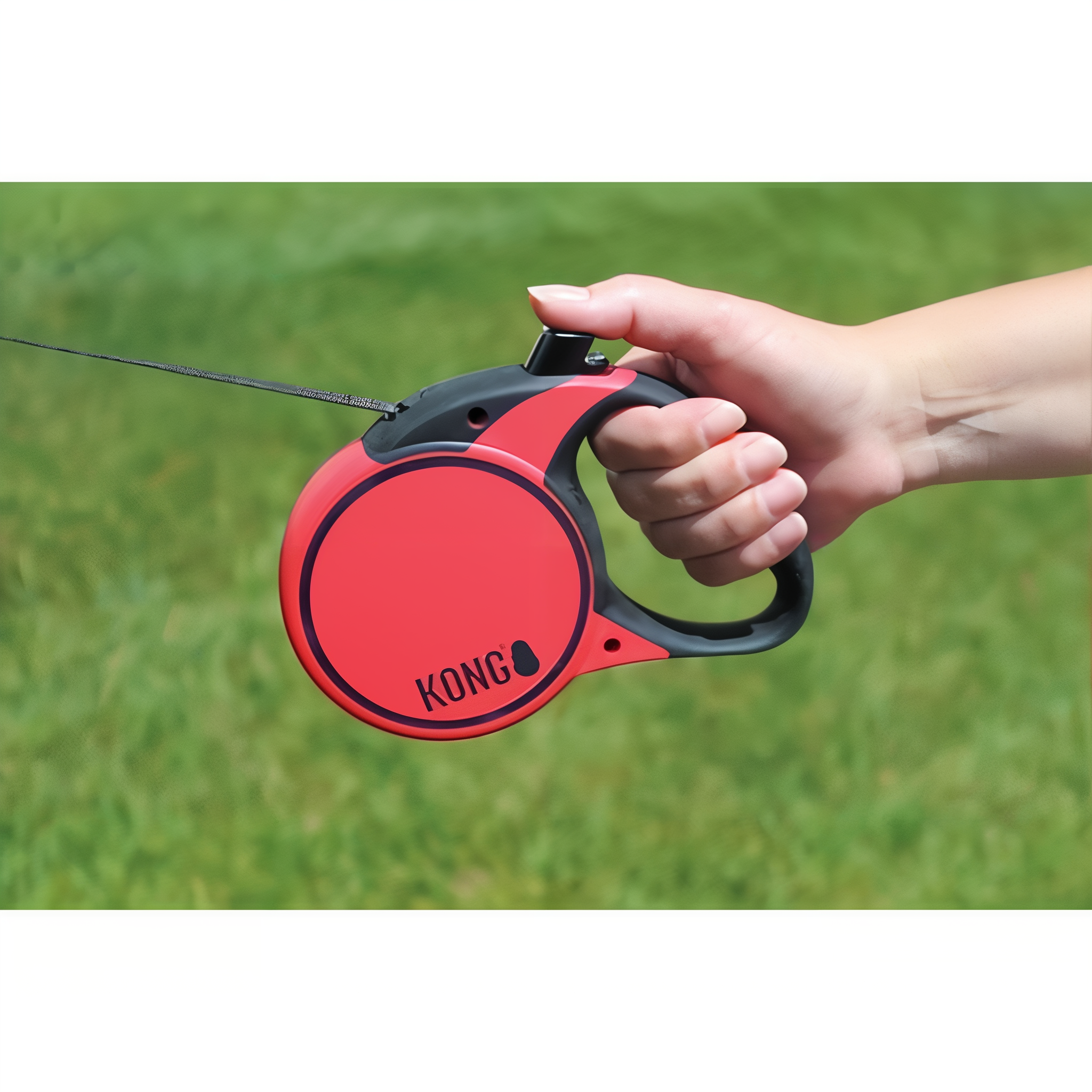 Owner walking a dog with the KONG Terrain retractable leash tape extended