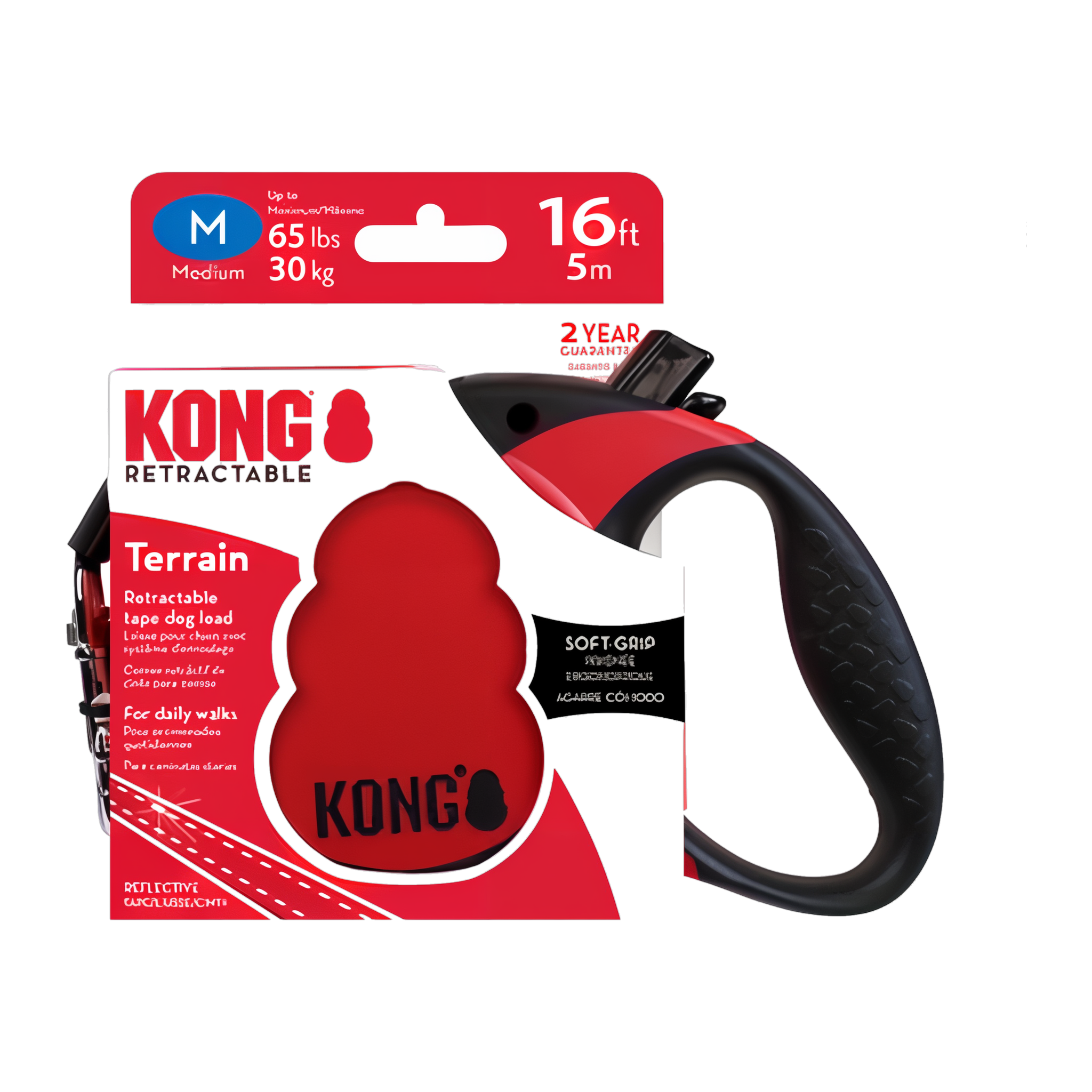 KONG Retractable Terrain dog leash Medium retail packaging showing 16 ft tape for dogs up to 65 lbs