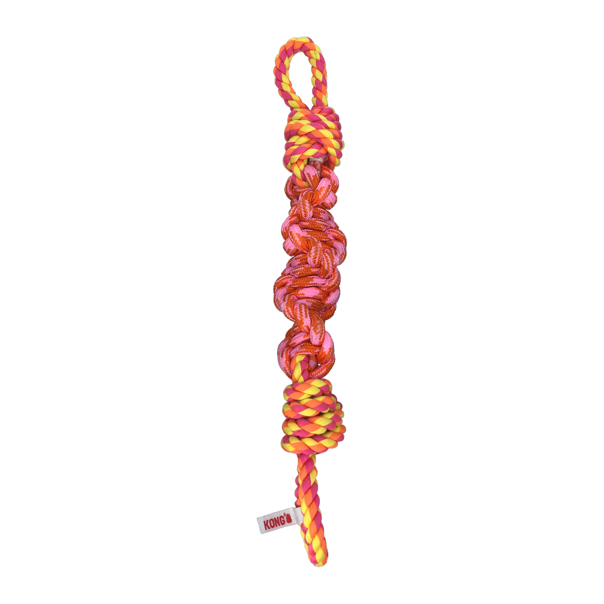 KONG Rope Bunji rope dog toy with knotted ends and easy-grab loops, pink and orange colorway