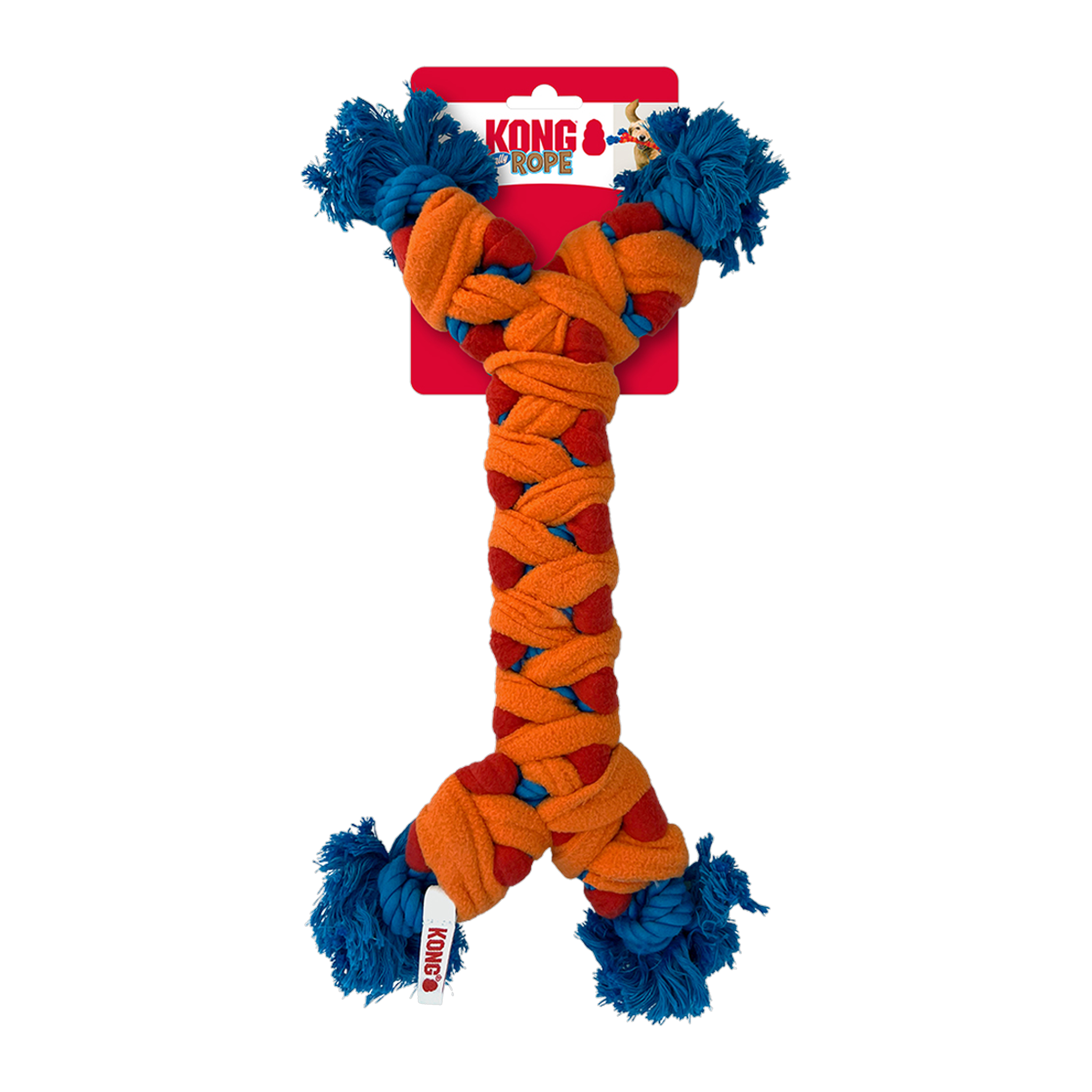 KONG Rope Rally Bone Dog Toy on retail hang card, front view