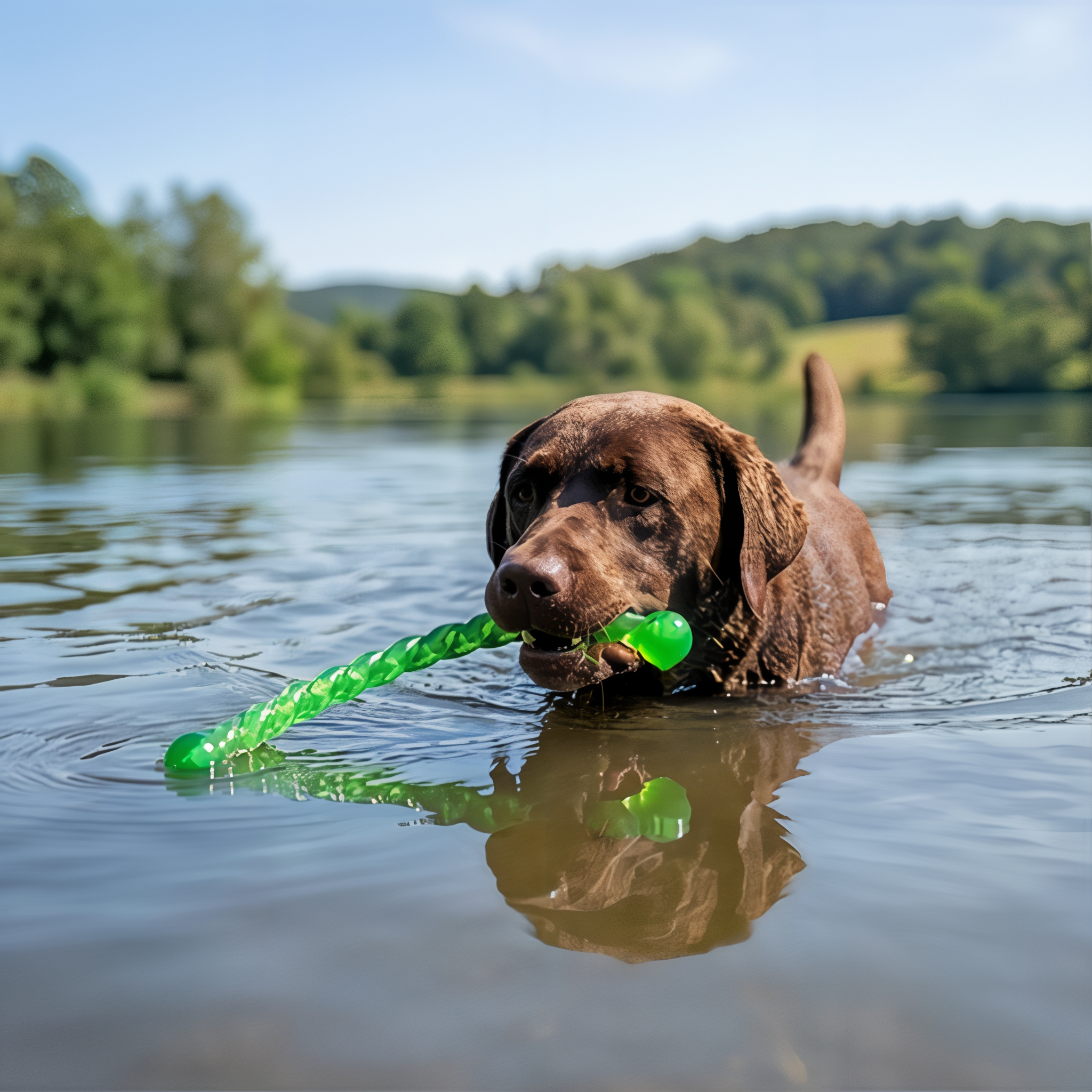 Chocolate Lab retrieving a green KONG SafeStix in a lake