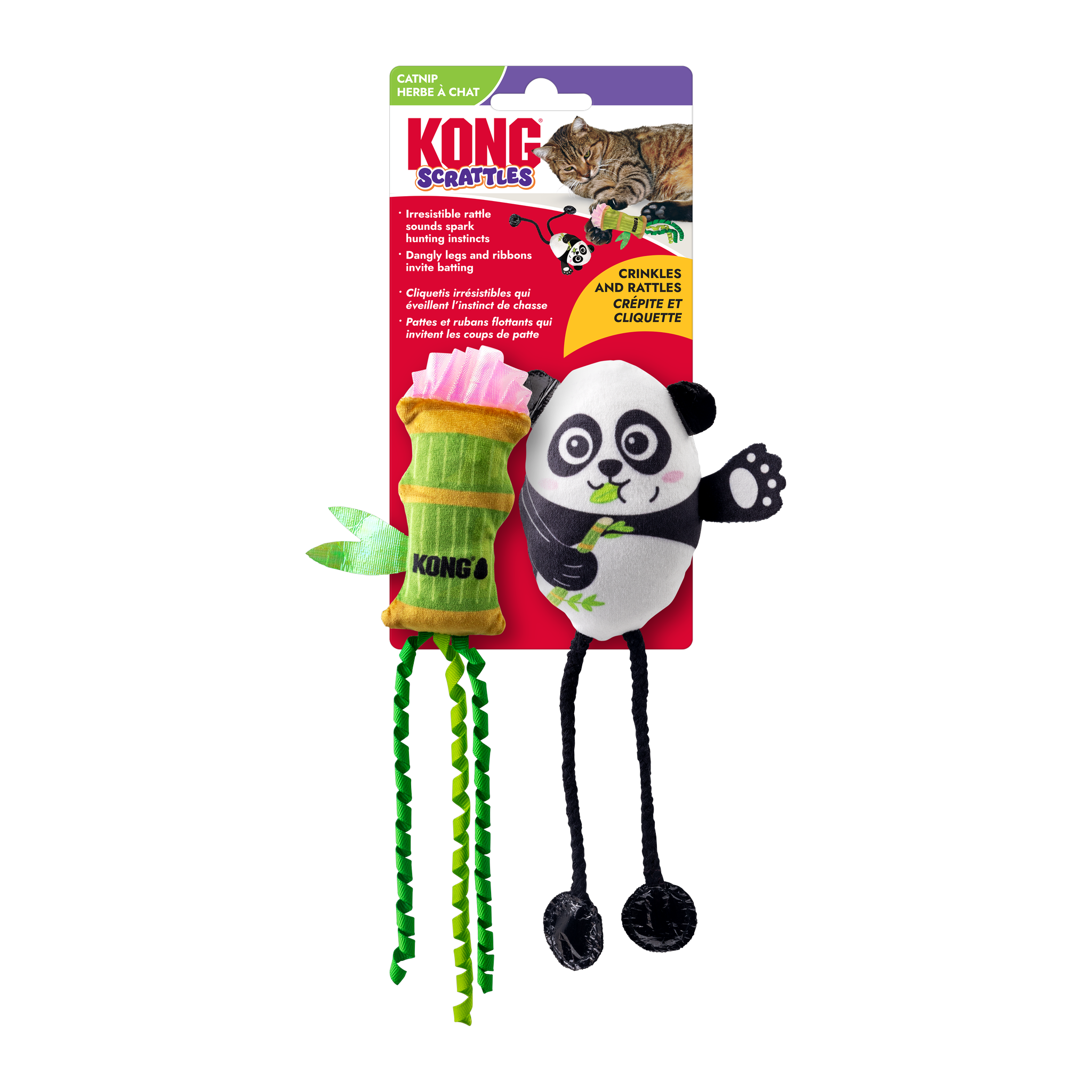 KONG Scrattles Panda plush and bamboo-shoot cat toy on retail card