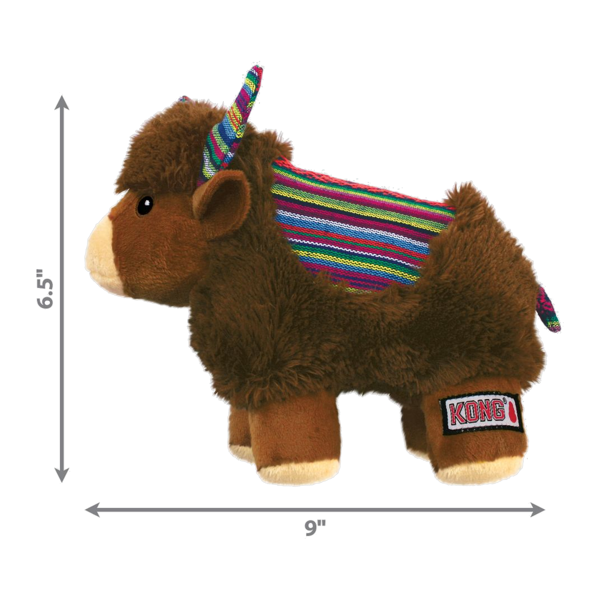 KONG Sherps Yak dog toy dimensions 9 inches long by 6.5 inches tall