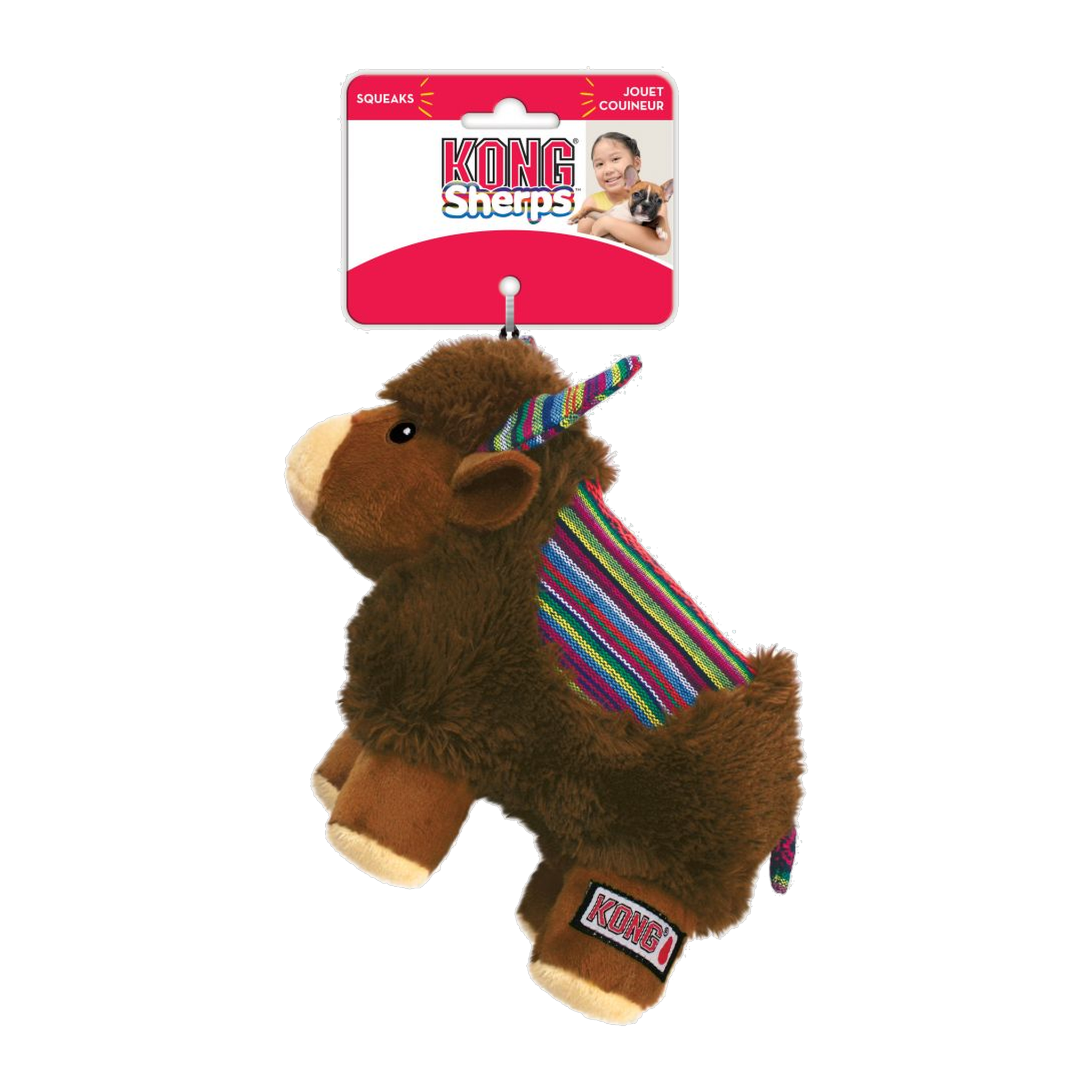 KONG Sherps Yak dog toy on retail hang card with squeaker callout