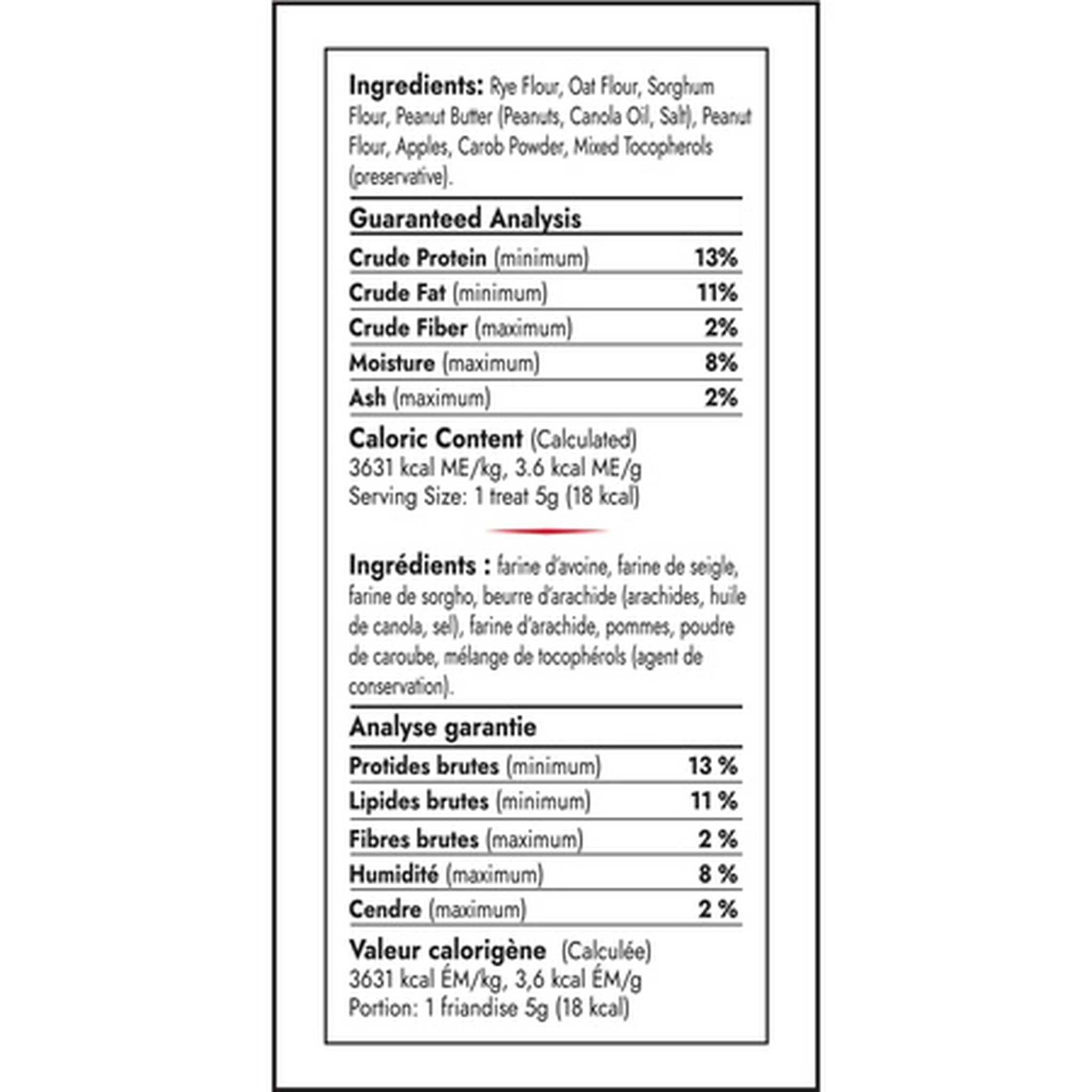 KONG Snacks Peanut Butter ingredients and guaranteed analysis label