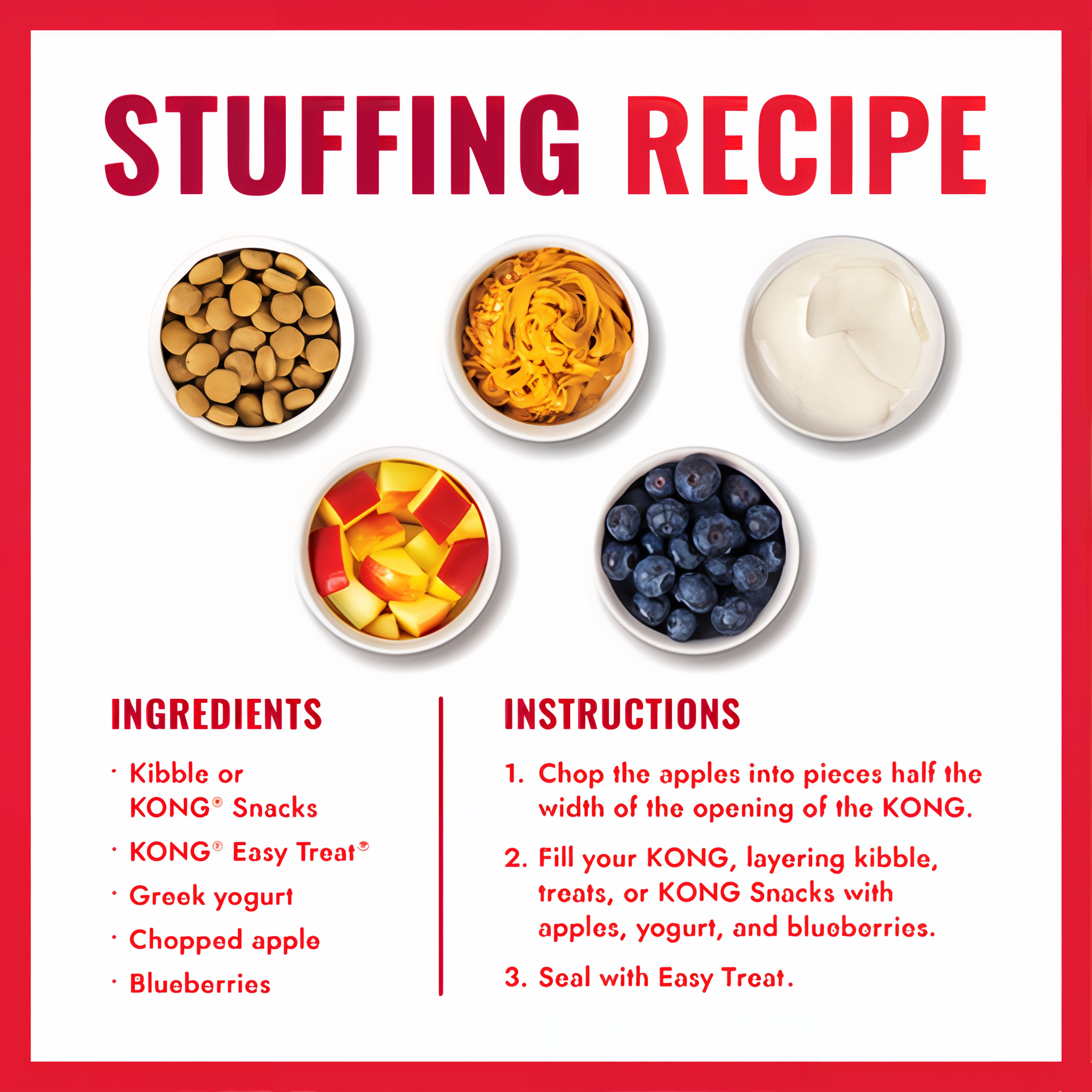 KONG stuffing recipe with kibble, peanut butter, yogurt, apple and blueberries