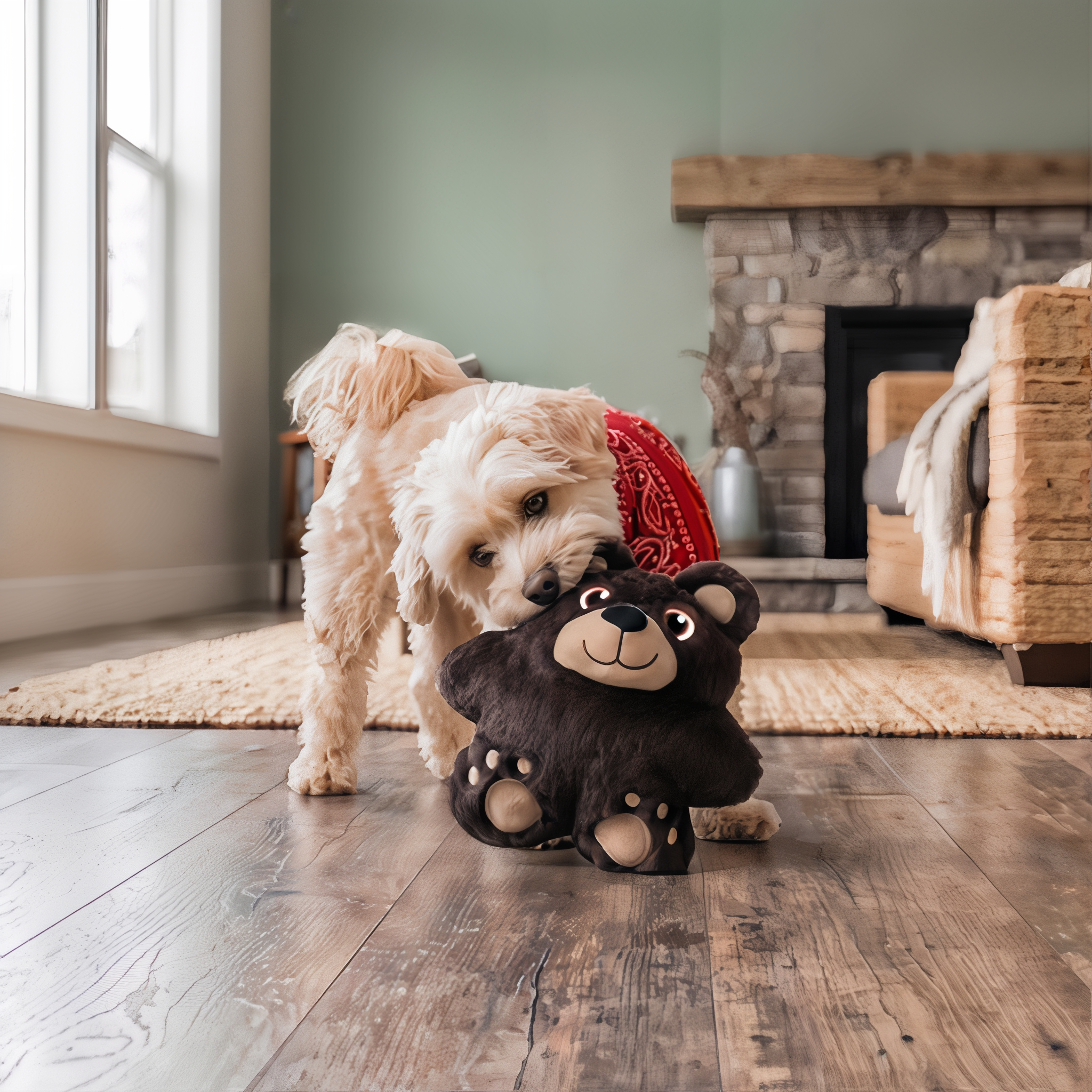 Dog carrying KONG Snuzzles Bear Dog Toy at home