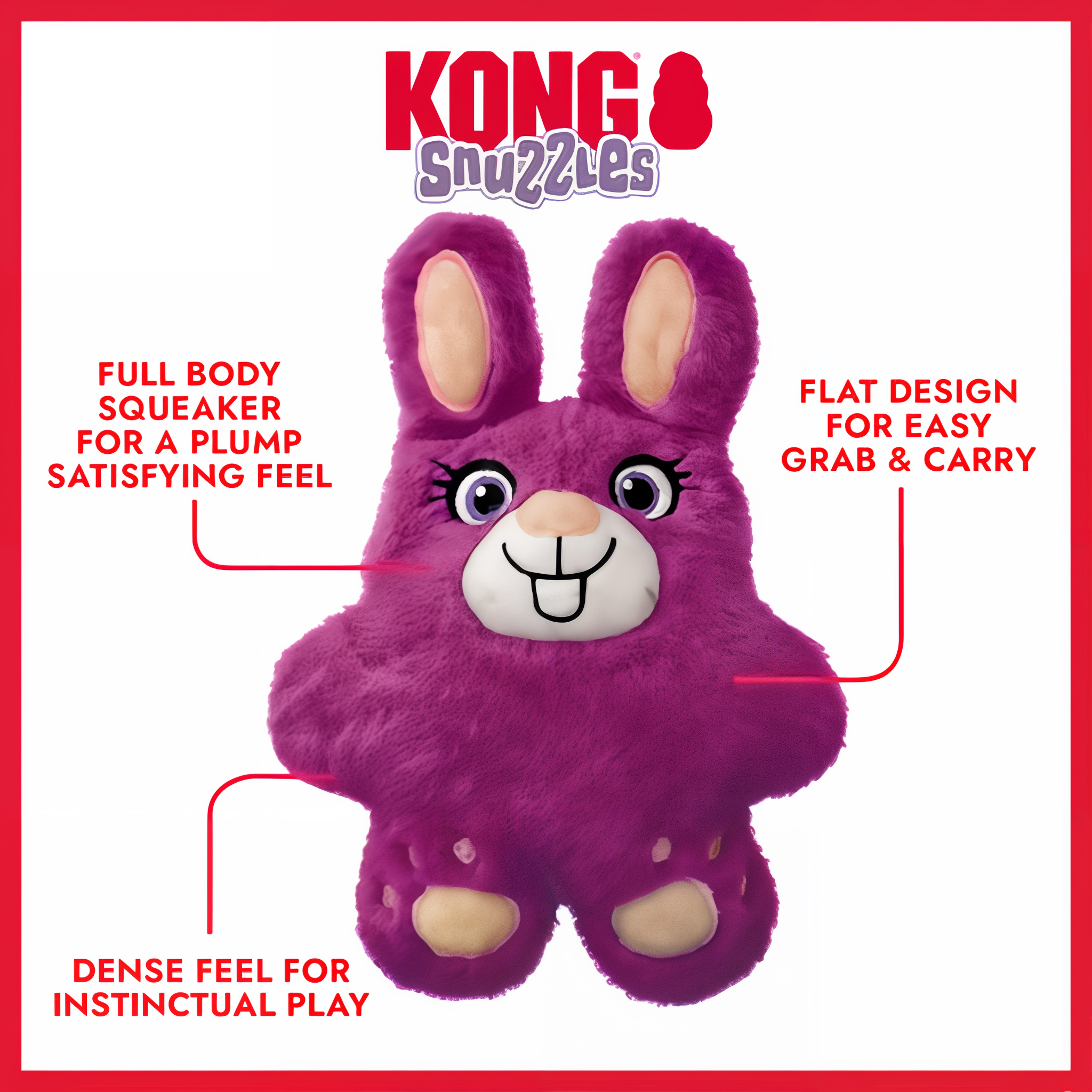 KONG Snuzzles Bunny features: full-body squeaker, flat design, dense feel