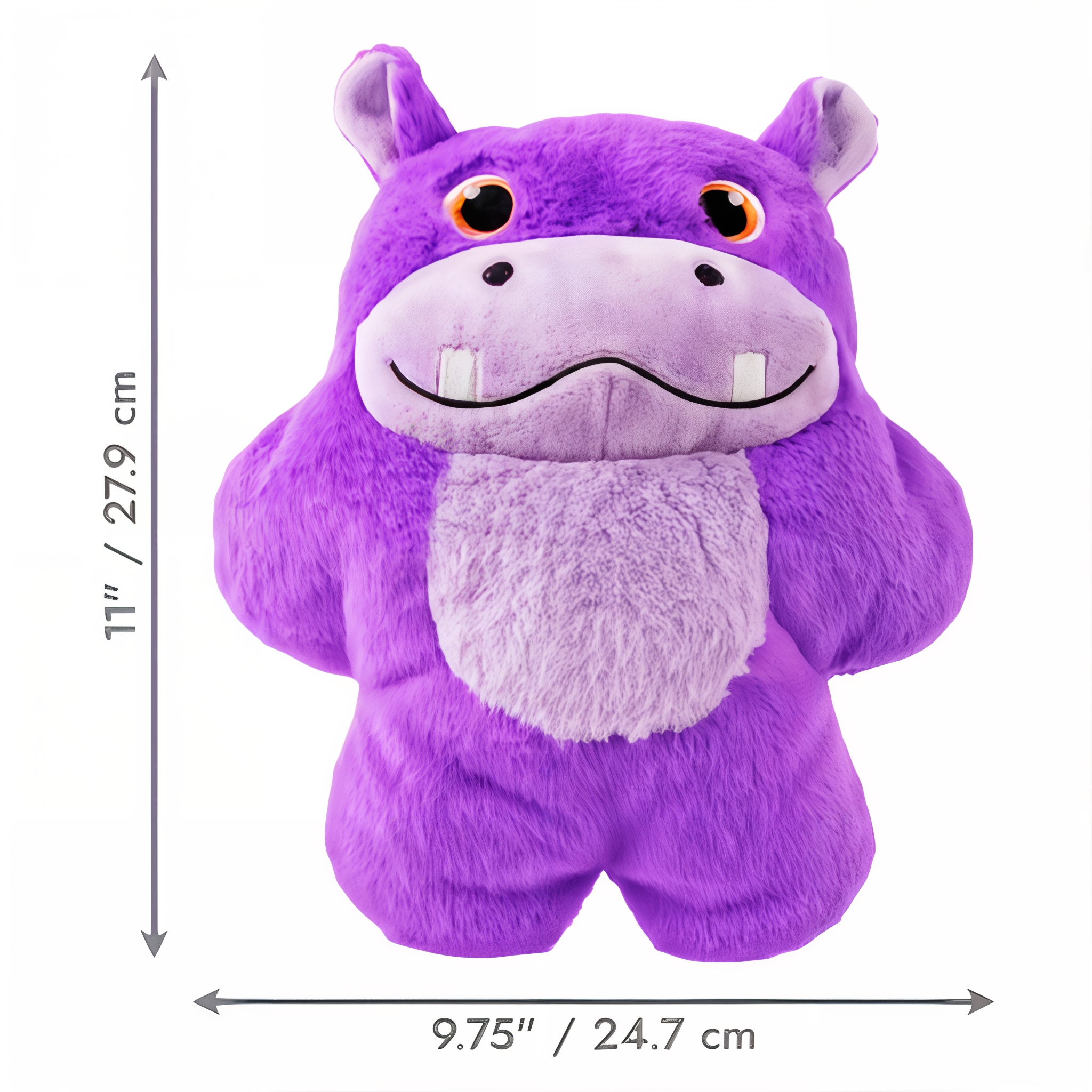 KONG Snuzzles Hippo dog toy size chart, 11 inches tall by 9.75 inches wide