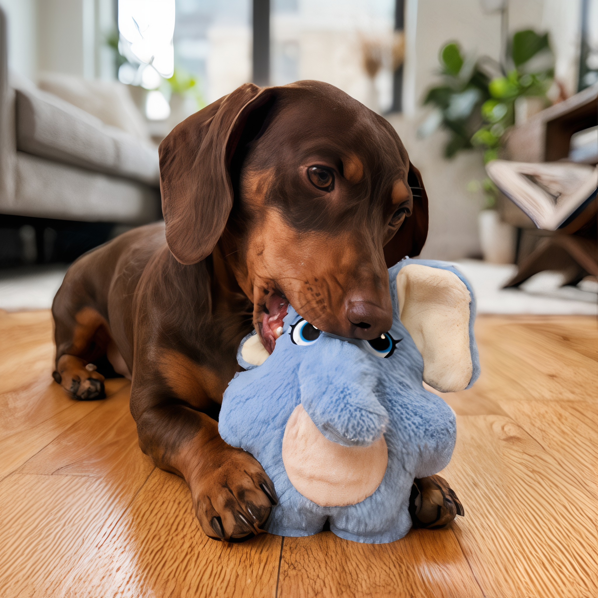 Small dog chewing the KONG Snuzzles Kiddos Elephant plush toy at home