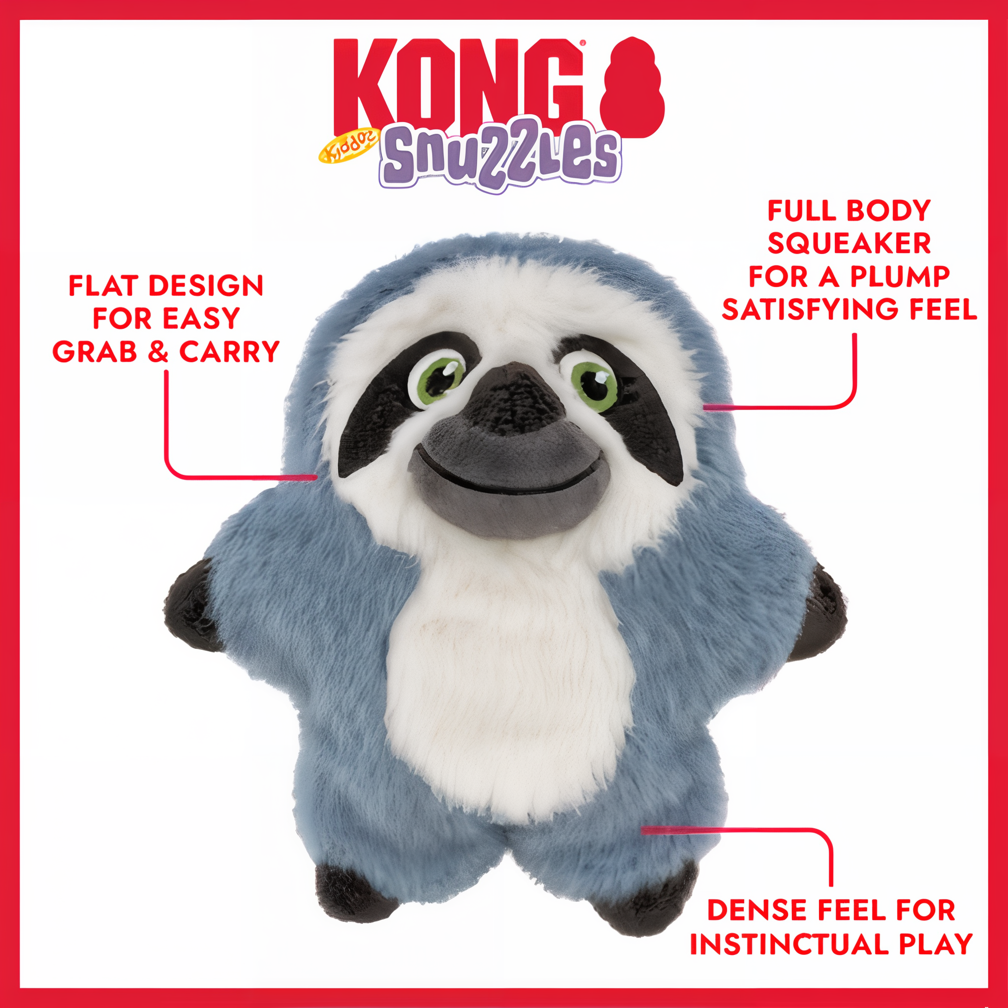 KONG Snuzzles Kiddos Sloth features: full-body squeaker, flat design, dense cushiony feel
