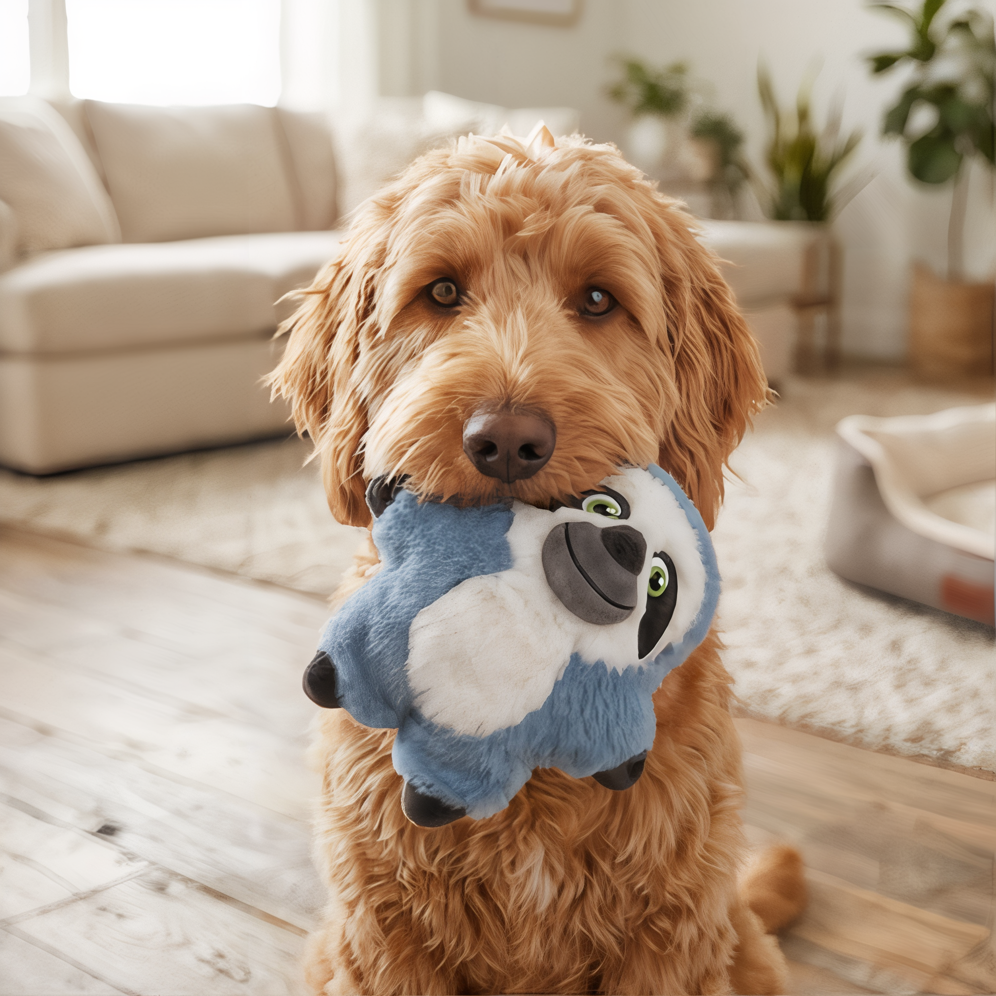 Dog carrying the KONG Snuzzles Kiddos Sloth plush toy at home