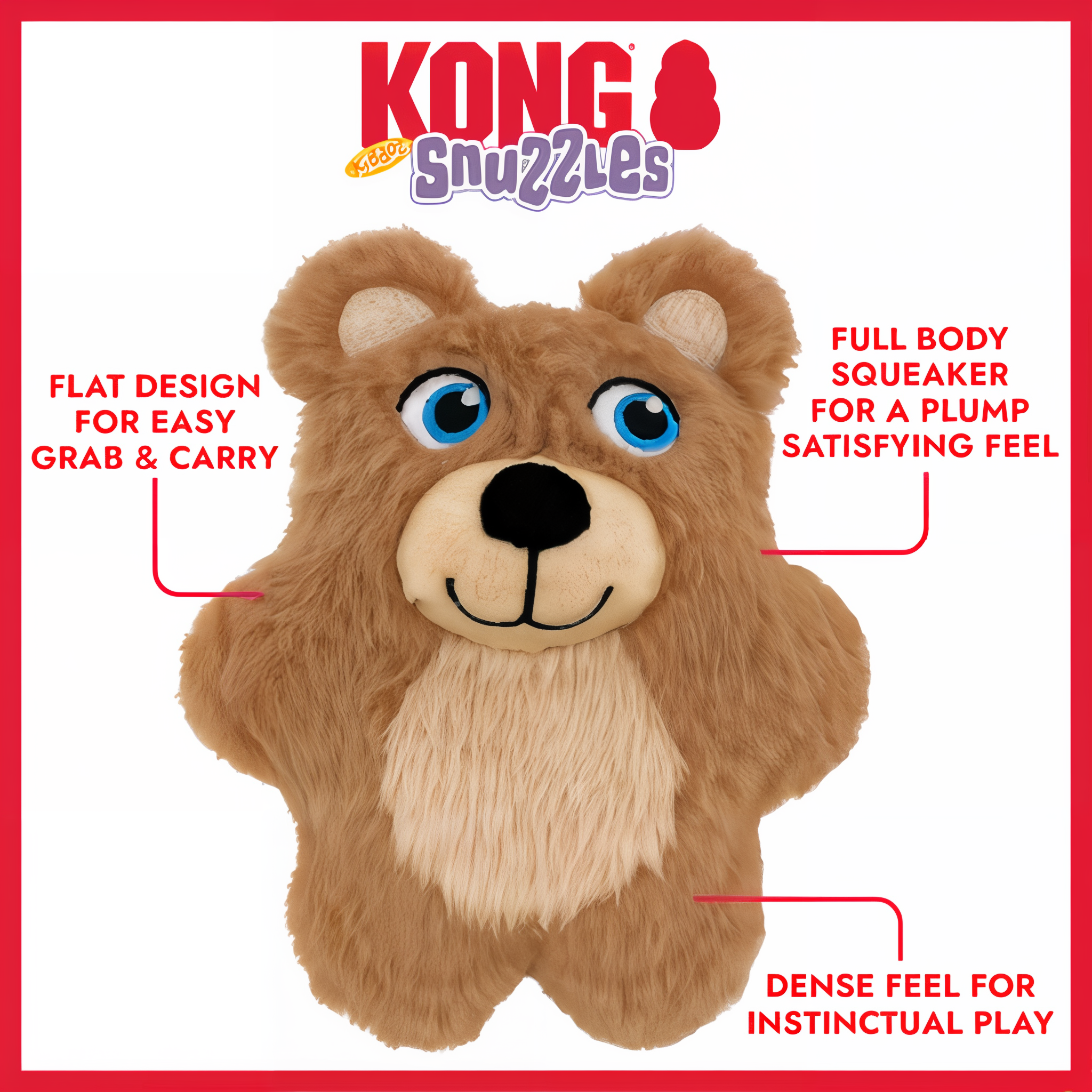 KONG Snuzzles Kiddos Teddy Bear feature callouts including full-body squeaker