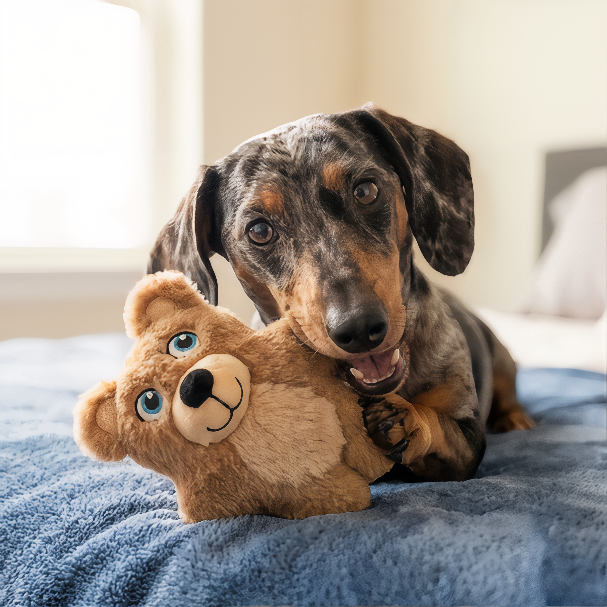 Dachshund cuddling the KONG Snuzzles Kiddos Teddy Bear on a bed