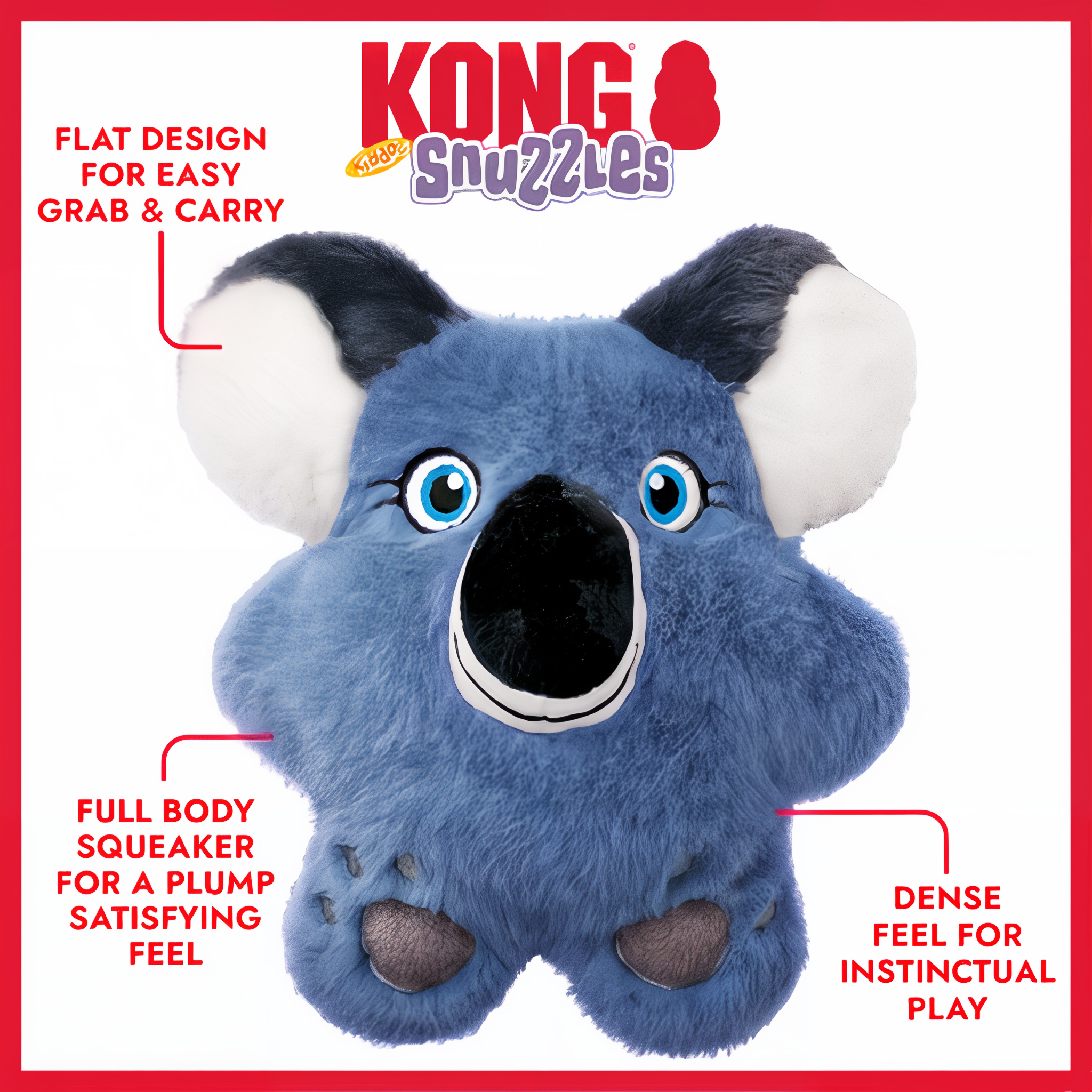KONG Snuzzles Koala features flat design and full body squeaker